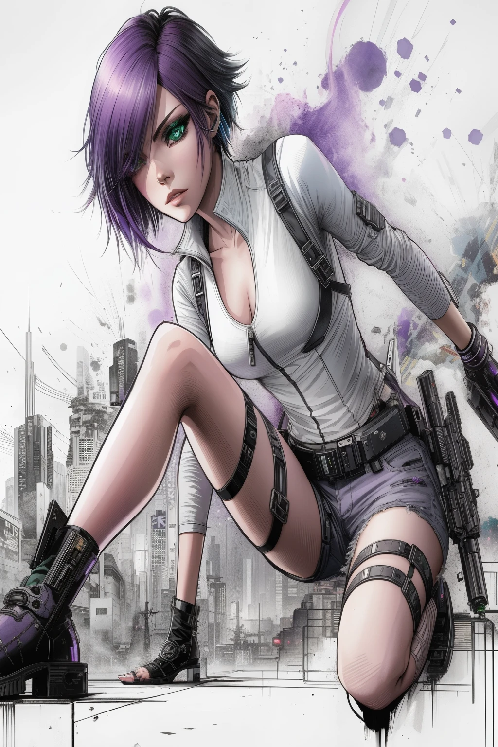 a close up of a woman with vibrant purple hair, jade green eyes, sexy white tank top, short jeans pants, stylish boots. Magnum revolver gun on her waist. cyberpunk city in the background. anime style 4 k, anime cyberpunk art, cyberpunk anime girl, modern cyberpunk anime, artgerm style