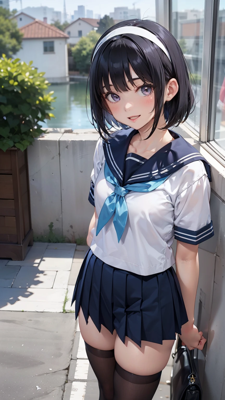 sailor suit, one woman, (a beauty woman, delicate :1.3), 8K, highest quality, masterpiece, Super detailed, ultra high resolution, realistic, RAW photo, absolute resolution, black hair, bob cut, small face compared to body, very small face, black hair, navy blue sailor uniform, Dark blue skirt, High school girl in sailor suit, Anime 2D rendering, realistic若いアニメの女子高生, , ((white headband)), (white headband), position looking down from above, small breasts, tall, slanted eyes, purple eyes, (school scenery), black stockings, bright color, open your mouth, smile,