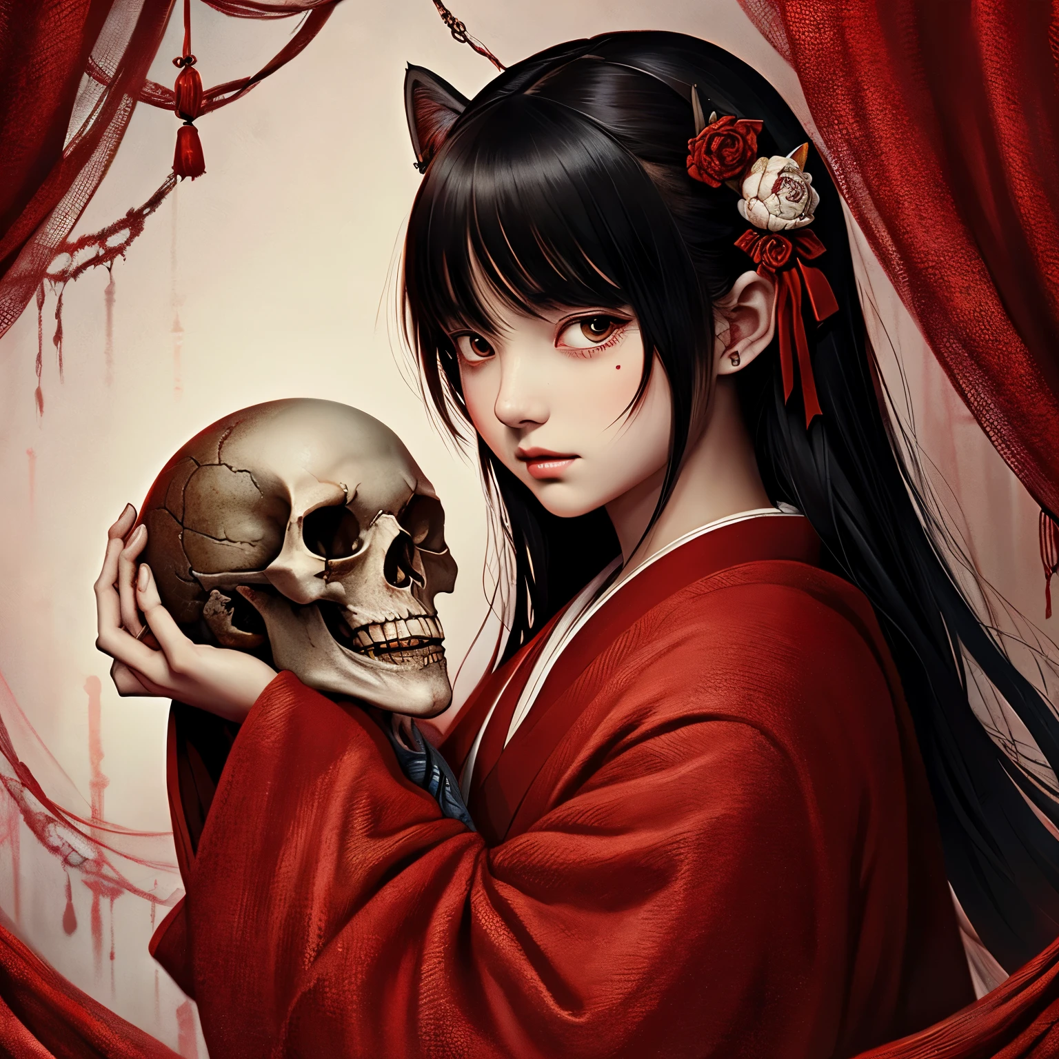 digital illustration、horror paintings , A young woman cradling a skull surrounded by endless blood red velvet blankets , In the style of Takato Yamamoto。Asian。calm。Cat ear。cute。kimono。front