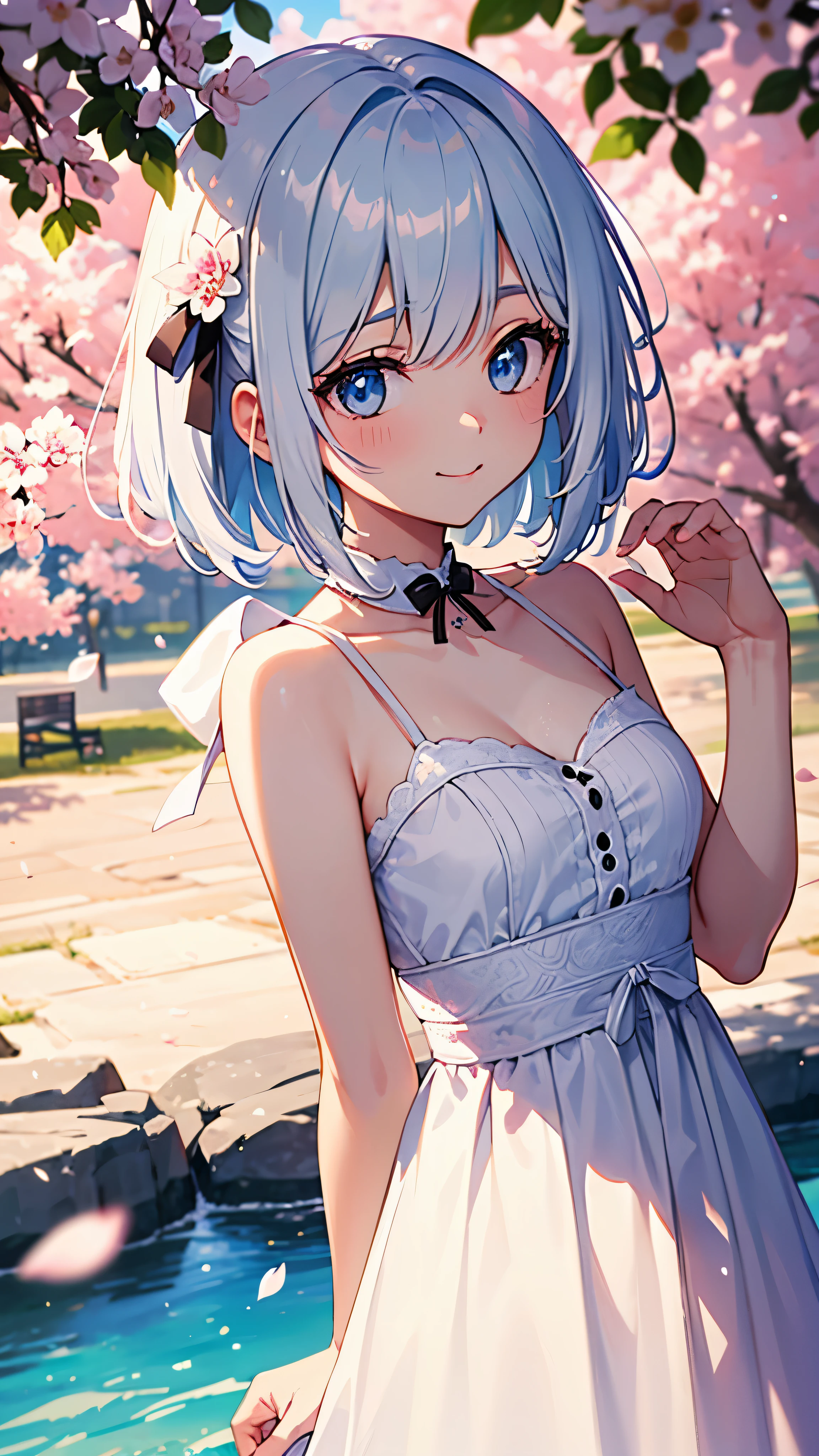 ((masterpiece)), (Bright colors), pretty girl, (highest quality), (Super detailed), (sharp focus), (Depth of bounds written), (cinematic lighting), sunny, Cherry Blossom, gray hair, short hair, blue eyes, smile, white long dress