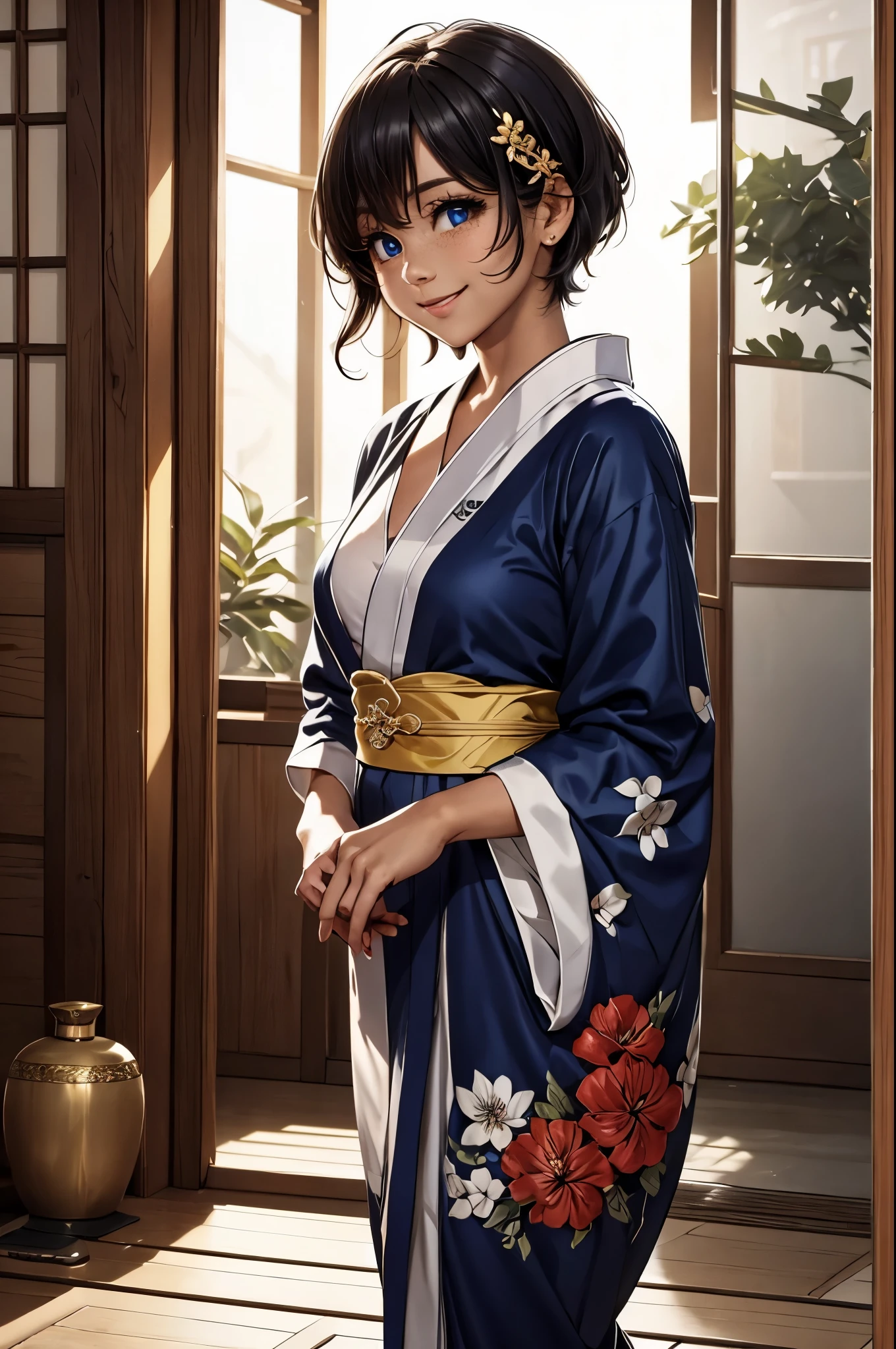 (The fW), 1 garota, Sozinho, (rosto fofo), (Ideal body proportion), Traditional Japanese Room, Deite-se no futon, vestindo kimono japones, sorriso sorridente, Cabelo escuro, cabelo curto, pernas de beleza, surrealismo, cinematic lighting, profundidade de campos, Ponto de vista de uma pessoa, f/1.8, 135 mm, mesa, preciso, anatomicamente correto, Pele texturizada, super detalhe, detalhes altos, alta qualidade, premiado, melhor qualidade, high resolution, 8k