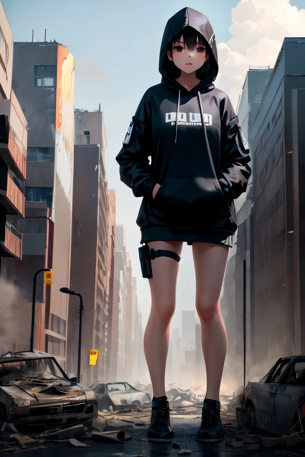 1 girl with shoulder length black hair,Wearing a black hooded hoodie.,black hood,Standing holding a sniper rifle,Atmosphere of an abandoned city at the end of the world,Buildings were damaged and destroyed.,There were several damaged cars behind.,