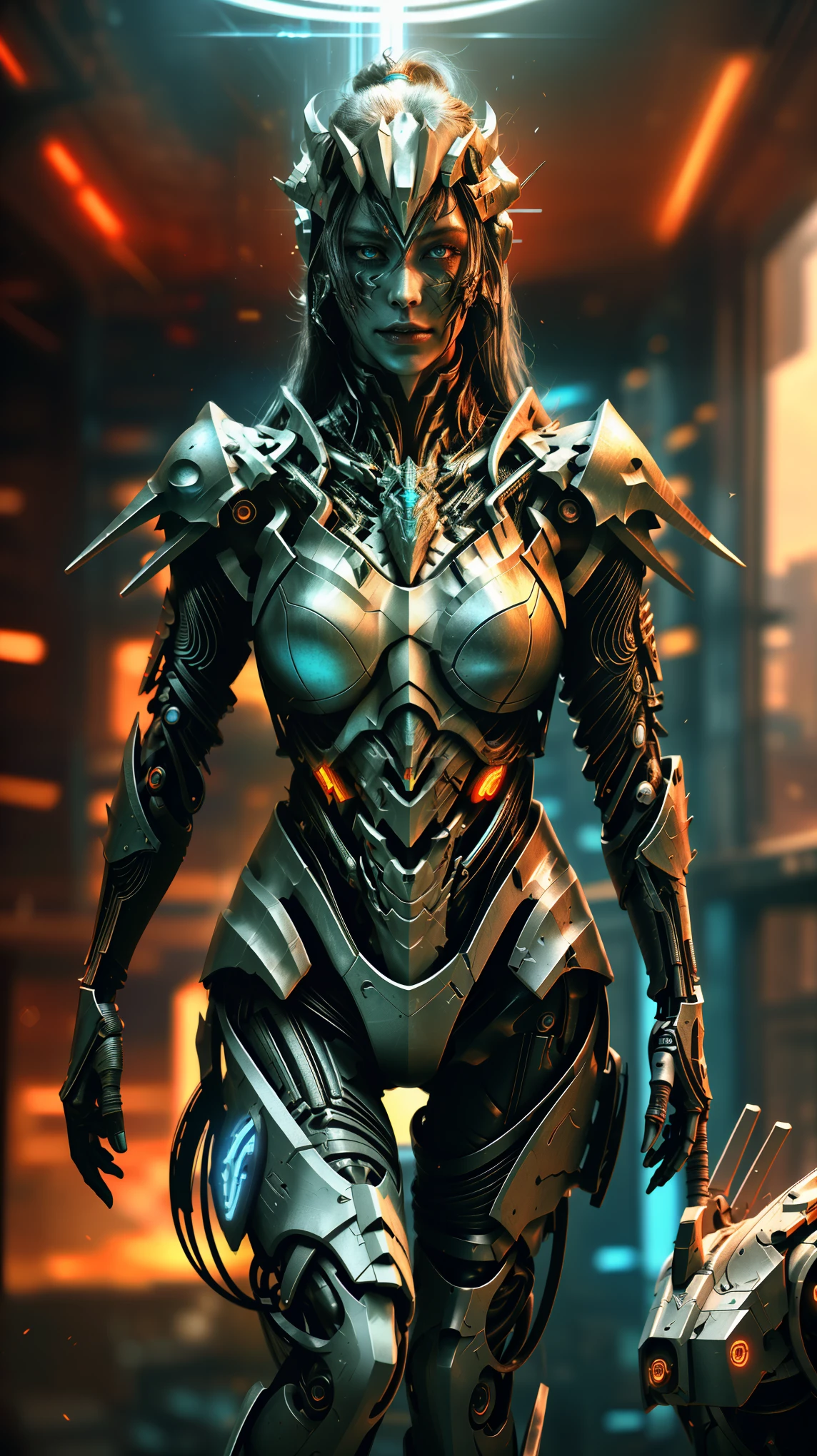 [SH4G0D:1], a beautiful cyborg warrior girl cyberpunk sensual vampiric beautiful body beautiful face in big breasts bionic legs bionic arms armor in an intricate futuristic cyberpunk city ultra detailed 8k extremely realistic[cabelo fluorescente:1]