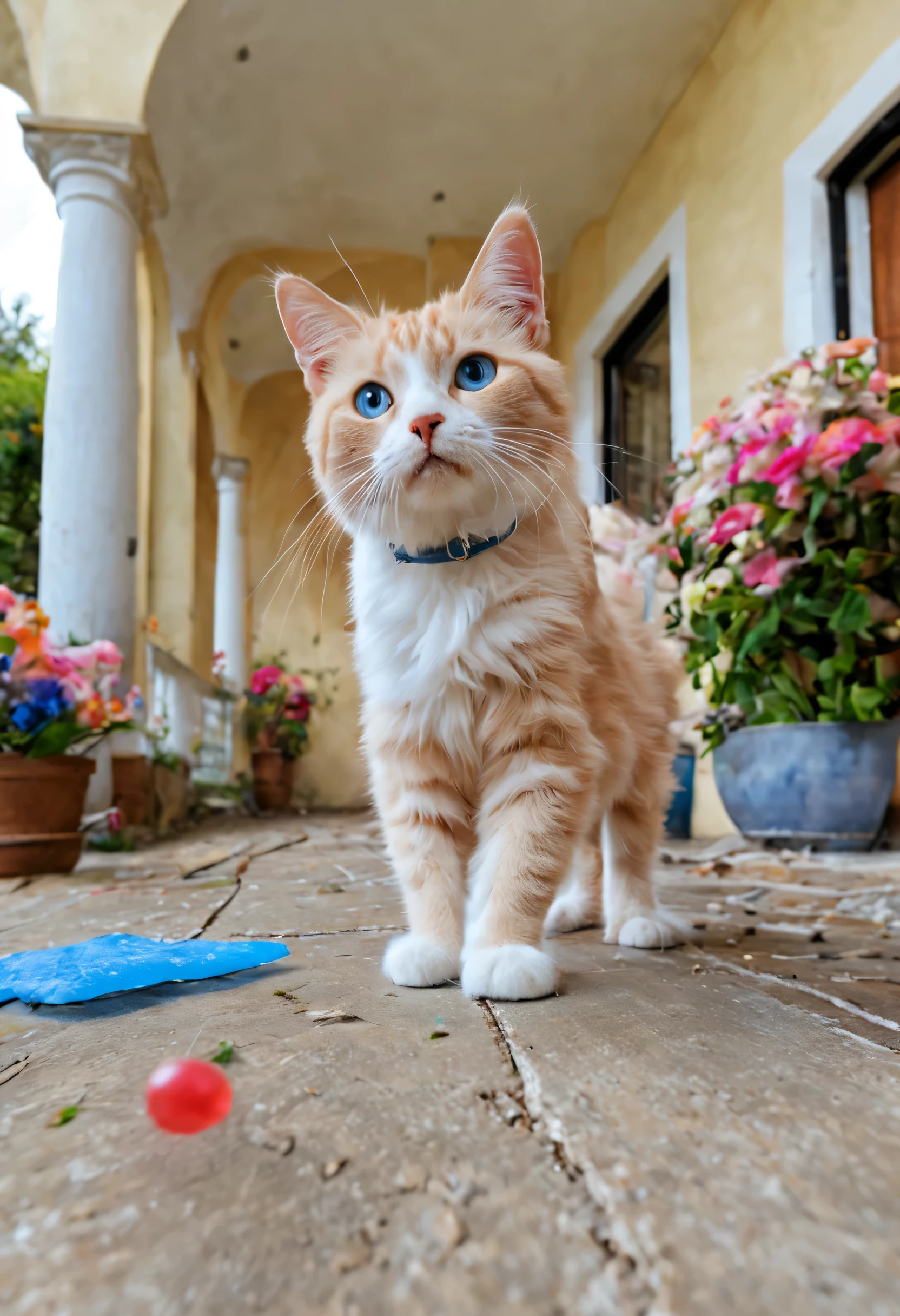 ((((un gato rosa con grandes ojos azules, muy lindo y divertido, gatito dulce))) walks with his owner of a 7-year-old girl, They celebrate a birthday party inside a 1000m2 mansion, 180º wide angle lens, 8k, ultra detallado.