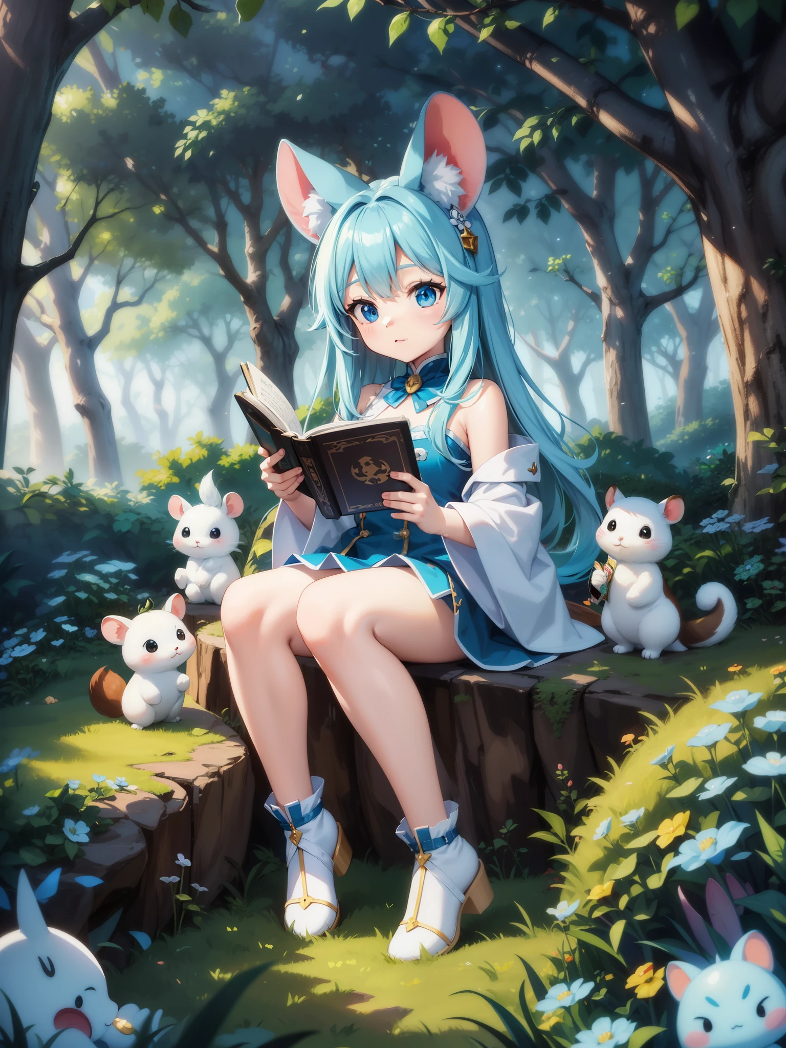 There is a little white rabbit,  long white ears、I'm with a girl with long blue hair and a chibi character。It is a cute white and blue costume。black eyes。There are also witches。I&#39;m sitting on a stump studying magic.。reading a book。witch teaches magic。A collection of cute forest creatures, Cute mushrooms also grow、adorable digital paintings, cute detailed digital art, the squirrel king, cute digital art, cute cartoon characters, cute character, CuteCreatures, cutie, Official illustration, official art, squirrel, maplestory mouse, Astri Lawn,  cute 3d rendering