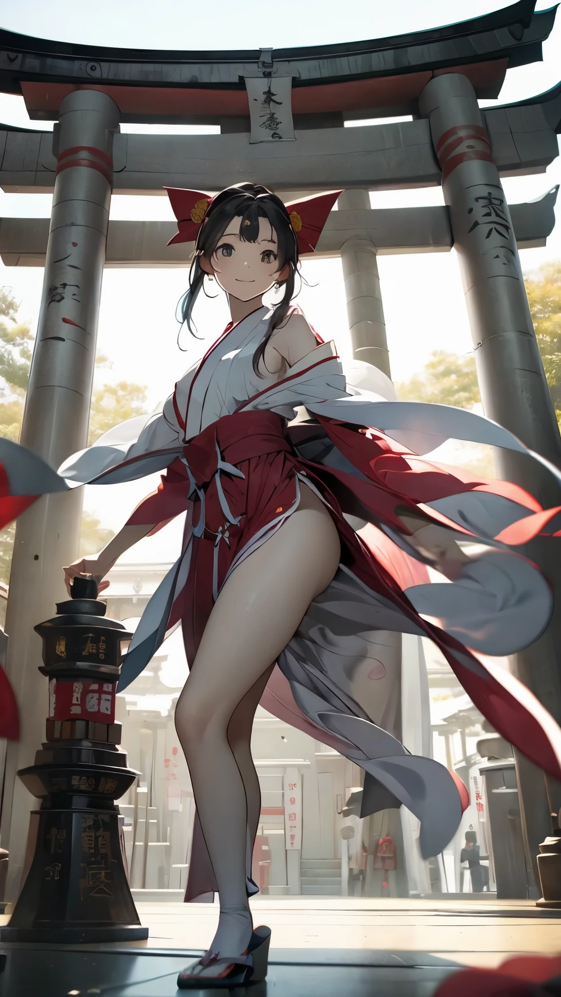 High resolution、photorealistic、very delicate and beautiful、delicate details、white skin、1 girl、japanese young girl、((dancing kagura))、(Japanese dance)、(shrine maiden outfit )、(red hakama)、((Don&#39;t take off the girl&#39;s clothes))、small face、slim body、delicate body、thin arms、perfect hands、thin legs、perfect legs、((very young face))、perfect proportions、(in the sacred place of the shrine)、(torii)、((shrine maiden))、(front、angle from below)、smile、