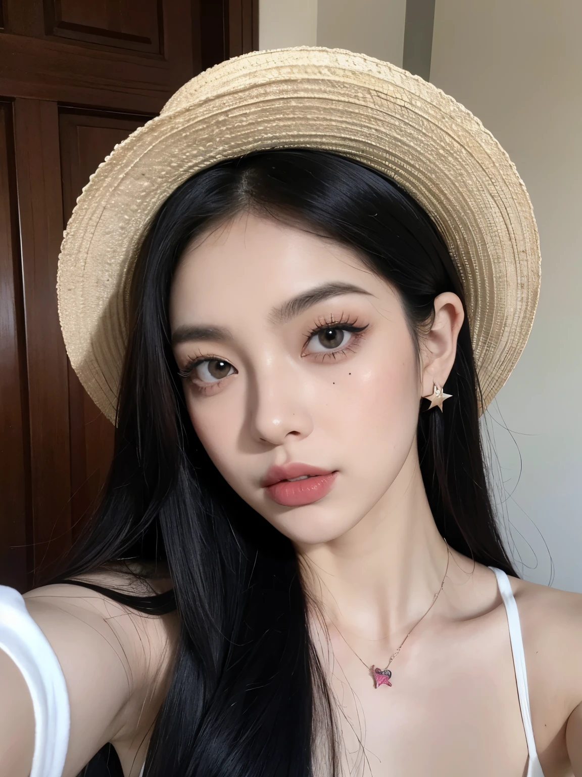 Kim Jennie con el cabello negro oscuro, con rulos en las puntas del cabello negro oscuro, con un ganchito de estrella en el cabello negro oscuro, ojos de color claro, ojos bonitos, nariz bonita y respingada, labios bonitos, labios rosas, heart shaped lip and cupid, piel bonita, pale and white skin, con lunares y pecas en todo el rostro, rubor rosa suave en las mejilla, rubor rosa natural, dark and gothic makeup, Jennie gotica, cuellos bonito, cuello marcado, frown, mirada enojada, con un collar de beso, un collar bonito de beso, mientras muestra sus pechos desnudos, mientras tiene los pezones con dos corazones de papel rosa, tiene los pezonnes con corazones de papel rosa, con un sombrero de vaquero 🤠, bonito Sobrero de vaquero, (pechos grandes, pechos suaves, pechos bonitos, pechos naturales), looking to the camera, selfie 