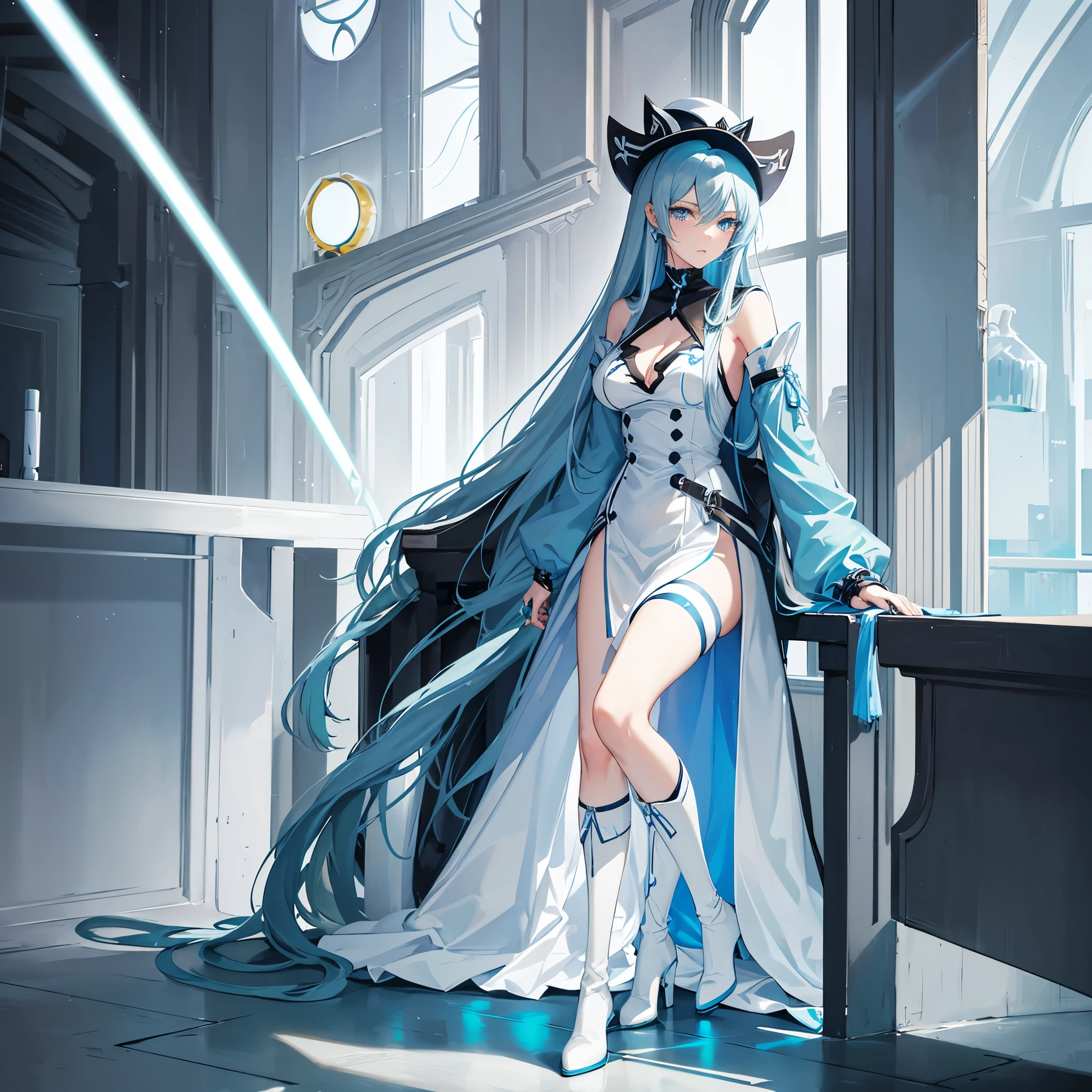 Esdeath was tall, a beautiful and slender girl with long light blue hair and blue eyes. She was dressed in a general&#39;s dress with long sleeves with buttons on the shoulders, blue scarf around the neck and high-heeled boots. She also has a tattoo on her chest, which is the sign of her teigu.