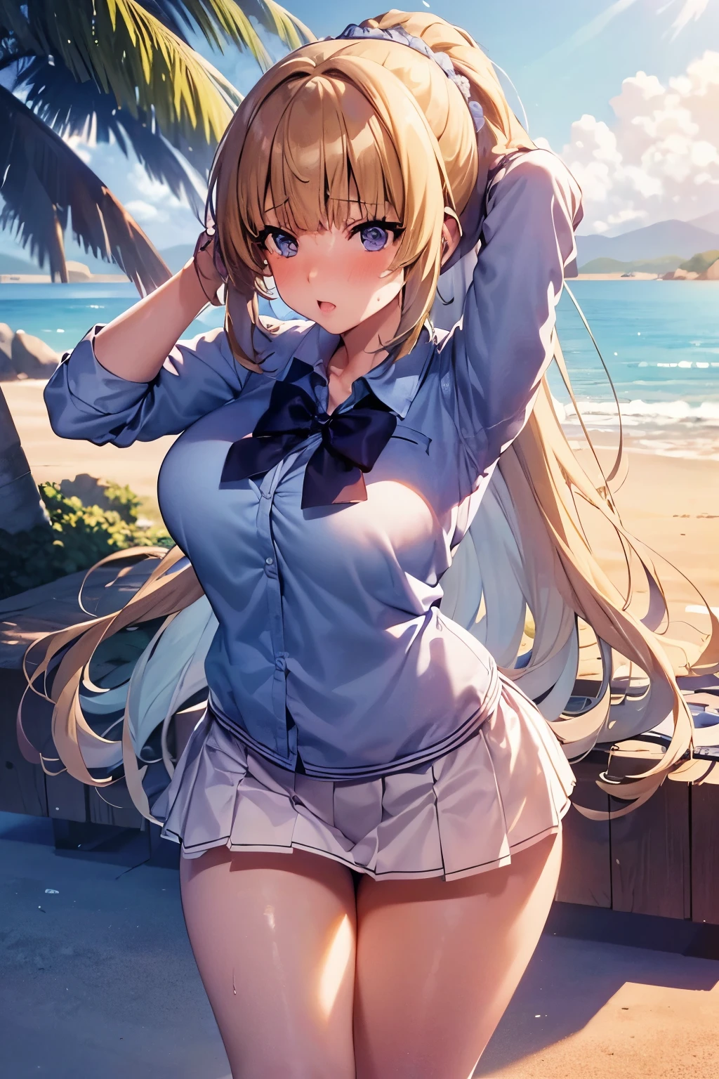 photo of kei karuizawa with large breasts and a huge ass and wearing a bikini doing squats on a beach with sunny weather,  (light skin), (sweating) ,(beautiful scenery),(perfect face), masterpiece, blush, 1girl, solo, smooth anime cg art, (hands behind head:1.2), 4k digital art, sensual poses