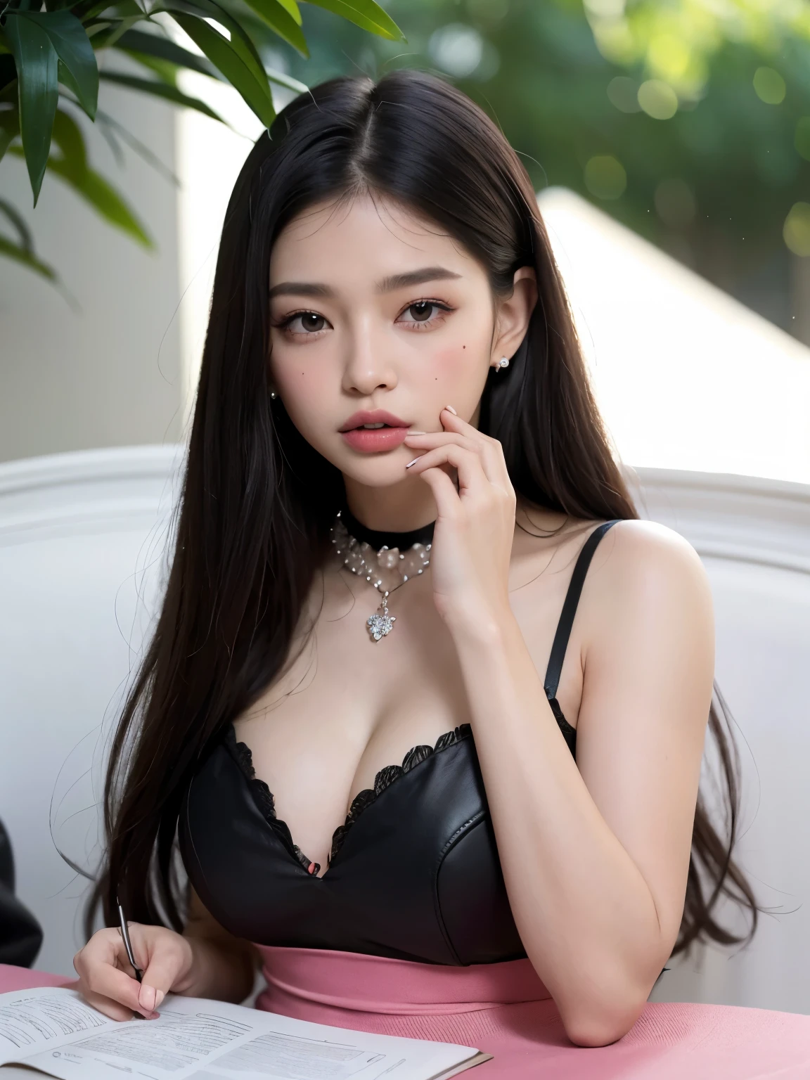 Kim Jennie con el cabello negro oscuro, con rulos en las puntas del cabello negro oscuro, con un ganchito de estrella en el cabello negro oscuro, ojos de color claro, ojos bonitos, nariz bonita y respingada, labios bonitos, labios rosas, heart shaped lip and cupid, piel bonita, pale and white skin, con lunares y pecas en todo el rostro, rubor rosa suave en las mejilla, rubor rosa natural, dark and gothic makeup, Jennie gotica, cuellos bonito, cuello marcado, frown, mirada enojada, con un collar de beso, un collar bonito de beso, en una moto, con un brasier con perlas, y flores, bonitas perlas en el brasier, mientras tiene un brasier con perlas, perlas del mar, mientras tiene los pezones con dos corazones de papel rosa, tiene los pezonnes con corazones de papel rosa (pechos grandes, pechos suaves, pechos bonitos, pechos naturales), tiene un casco de moto sobre la cabeza, casco de moto bonito, looking to the camera, foto para revista de Vogue 