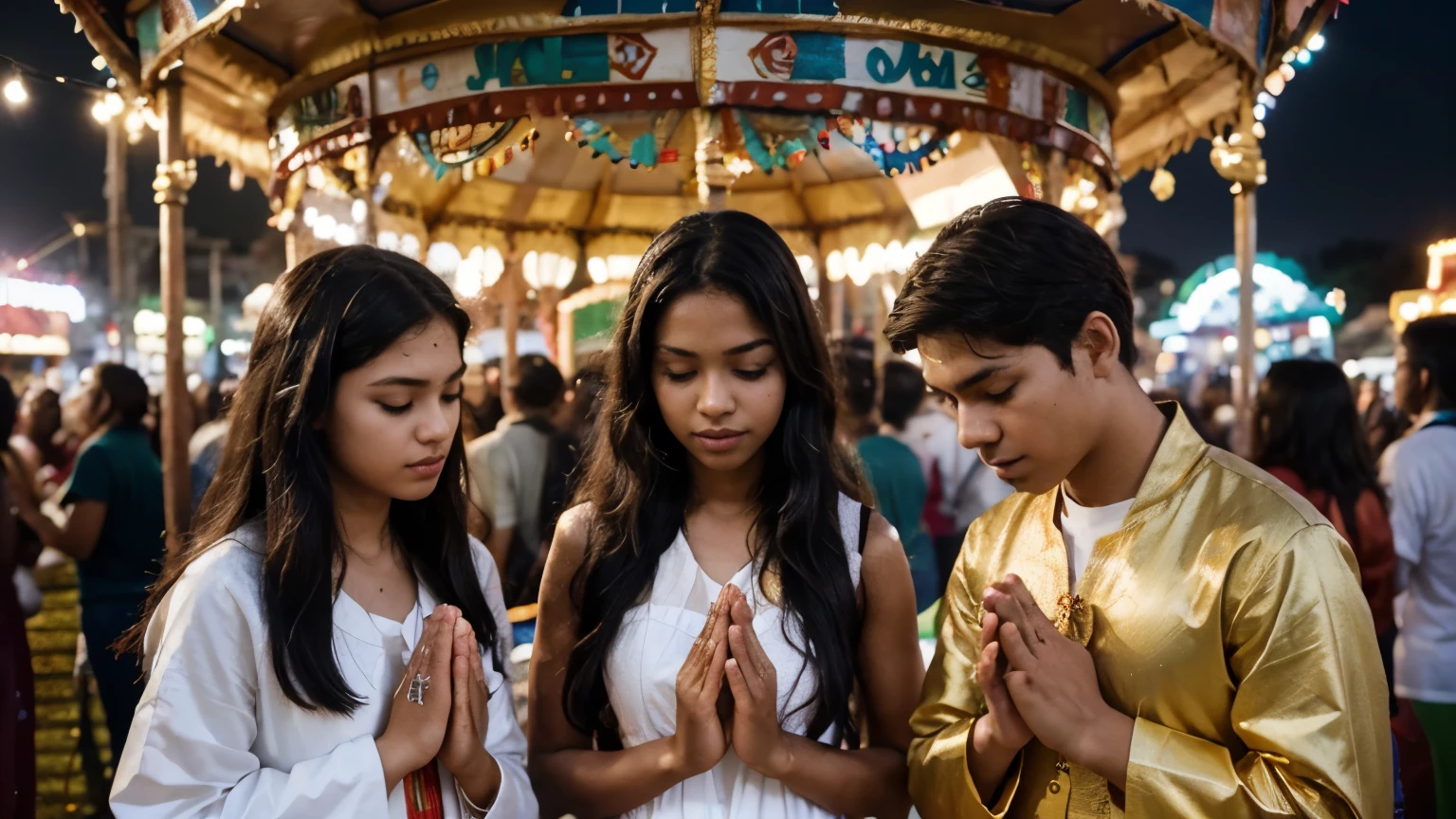 Generate a detailed 4K image depicting young individuals engaged in prayer during the Carnival season. Capture the scene with an emphasis on the spiritual atmosphere, incorporating elements of faith and devotion. Illustrate a group of young people in prayerful poses, perhaps in a serene setting, symbolizing a contemplative and spiritually meaningful moment amidst the festive Carnival period."