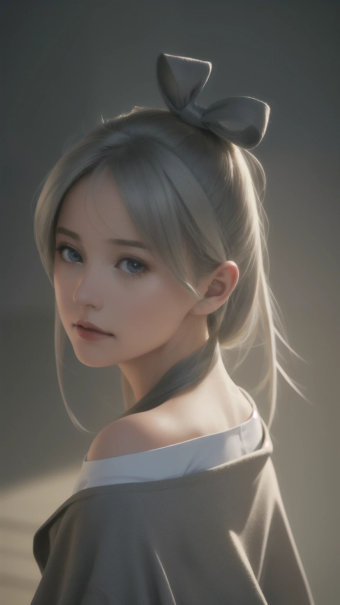 (best quality, highres, ultra-detailed, realistic:1.37), grey-haired girl looking back over her shoulder, rolling her eyes, wearing a hair ribbon. The girl's hair is textured and the lighting is from above, creating realistic shadows