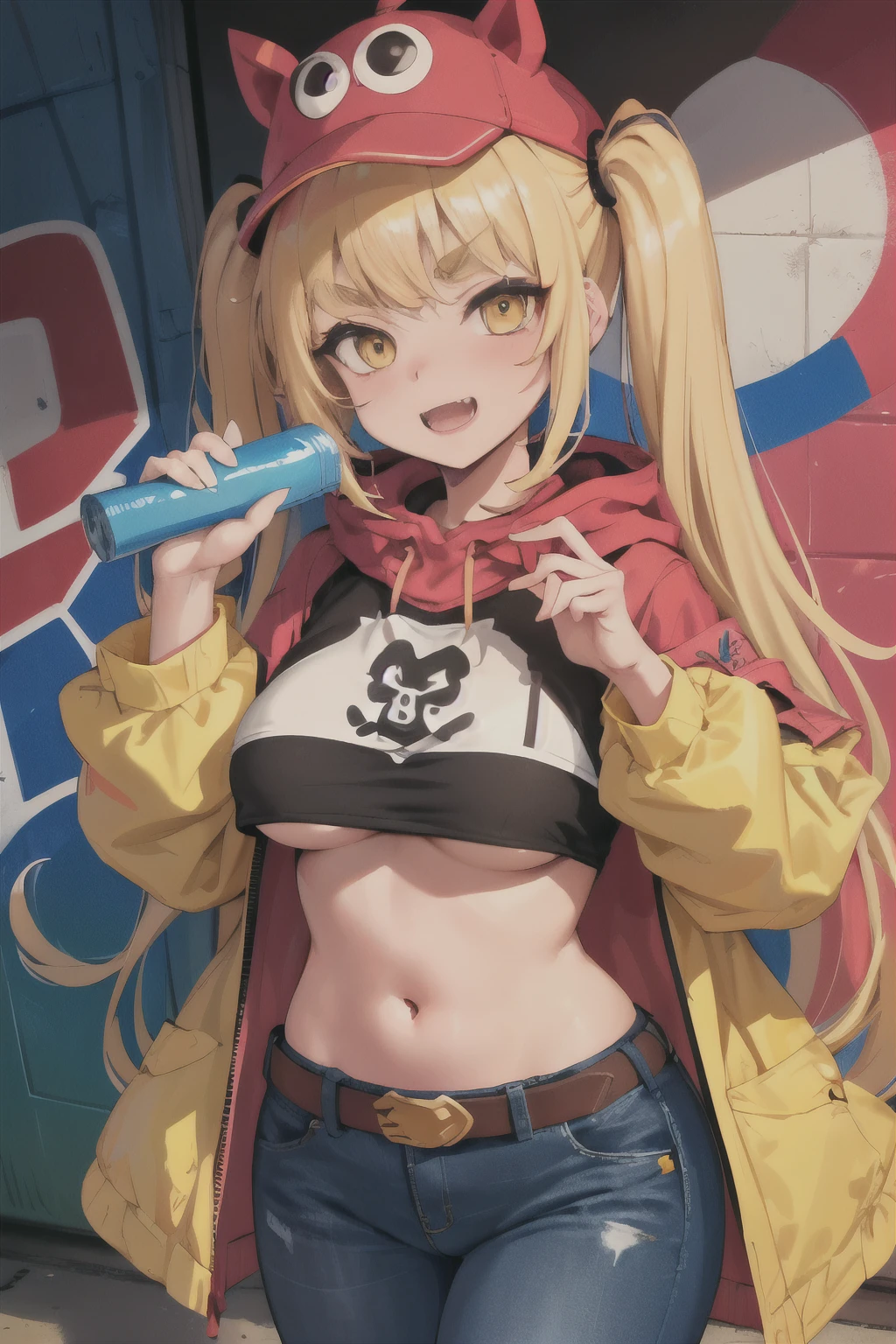 original character, volume lighting, best shadows, shallow depth of field, Portrait of an amazingly beautiful girl, , Delicate Beautiful Attractive Face With Alluring Yellow Eyes, Messy Painted Face, sharp eyebrows, A big smile, open your mouth, Fangs Out, nice medium chest, Layered Long Twintail Blond Hair, blush eyeshadow, thick eyelashes, Applejack Hat, Oversized Pop Jacket, Mini Underboob Tee, open the navel, slim waist, Denim Jeans Pants, with buckle belt, In The Graffiti Alley, Waste container, Outdoor staircase, Outdoor Unit, Holding Spray Paint Can, Are standing, (highest quality, amazing details:1.25), (alone:1.3), vivid colorful paintings