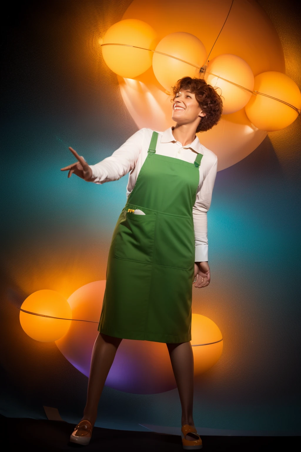 concept art, overhead angle of a Will-o'-the-wisp, wearing Funny Somali Emerald deep orange Pinafore, Caramel hair styled as Short hair, fluorescent purple Hair tie, equirectangular 360, Highres,  [(art by Willi Baumeister:1.1), (art by John T. Biggers:1.2)::17], official art, unity 8k wallpaper, ultra detailed, aesthetic, masterpiece, best quality, photorealistic