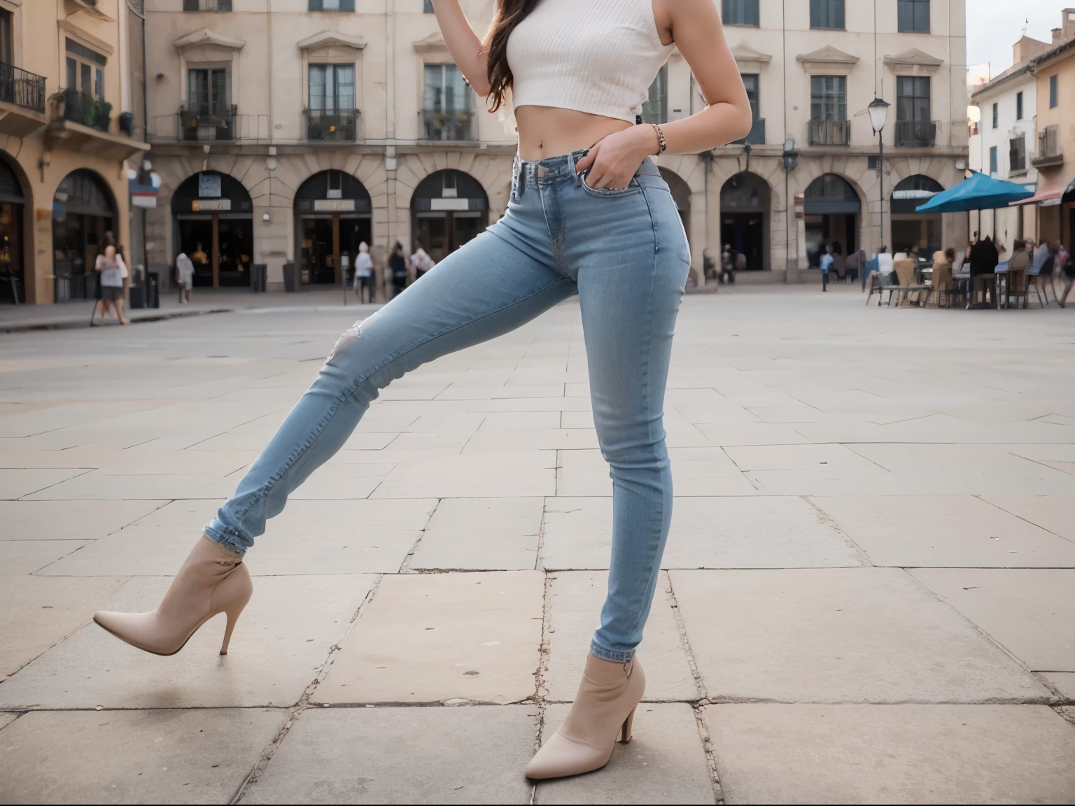 Style photography of a beautiful young woman, con botines beige y skinny blue jean. (piel muy detallada: 1.2), Estilo lindo, En la plaza mayor, pose de pie a 180 grados

