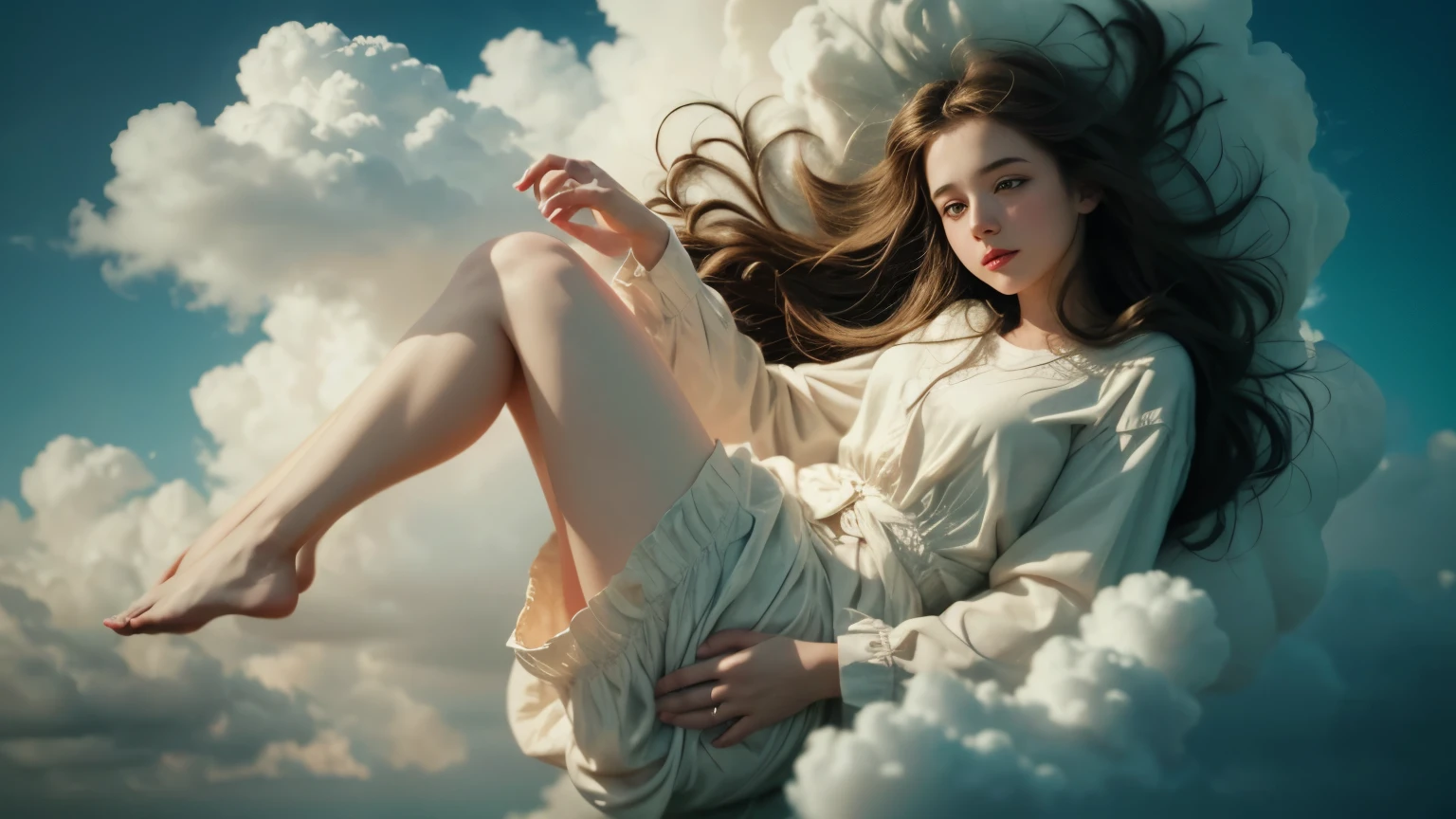 A girl floating in the sky, surrounded by fluffy clouds. The girl is the main subject of the artwork, with detailed eyes, nose, and lips. Her face exudes happiness and brightness. The lighting is soft and highlights her features beautifully. The artwork is of the highest quality, with a resolution of 4k or 8k, ensuring every detail is captured. It is a cinematic masterpiece, resembling a still from a movie. The clouds envelop the girl, creating a dreamy and ethereal atmosphere. The clouds themselves have a texture that resembles the strokes of a brush, giving the artwork an artistic touch. The composition includes Bauhaus-inspired shapes and lines, adding an abstract element to the piece. The color palette is vibrant and vivid, enhancing the overall visual impact of the artwork.