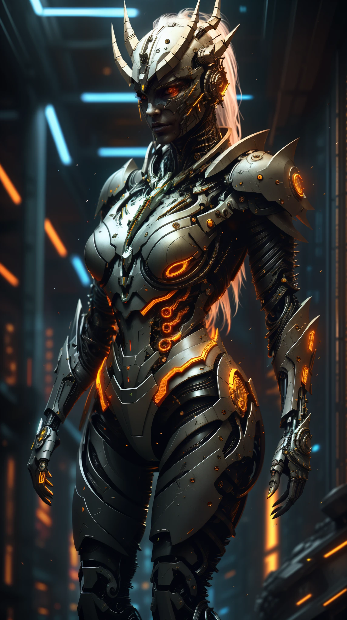 [SH4G0D:1], a beautiful cyborg warrior girl cyberpunk sensual vampiric beautiful body beautiful face in big breasts bionic legs bionic arms armor in an intricate futuristic cyberpunk city ultra detailed 8k extremely realistic[cabelo fluorescente:1]