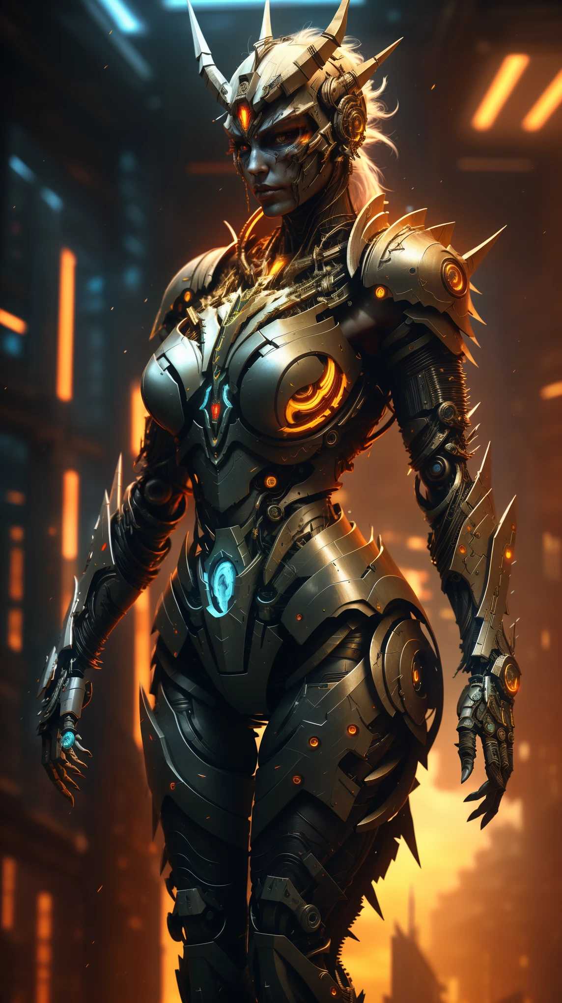 [SH4G0D:1], a beautiful cyborg warrior girl cyberpunk sensual vampiric beautiful body beautiful face in big breasts bionic legs bionic arms armor in an intricate futuristic cyberpunk city ultra detailed 8k extremely realistic[cabelo fluorescente:1]