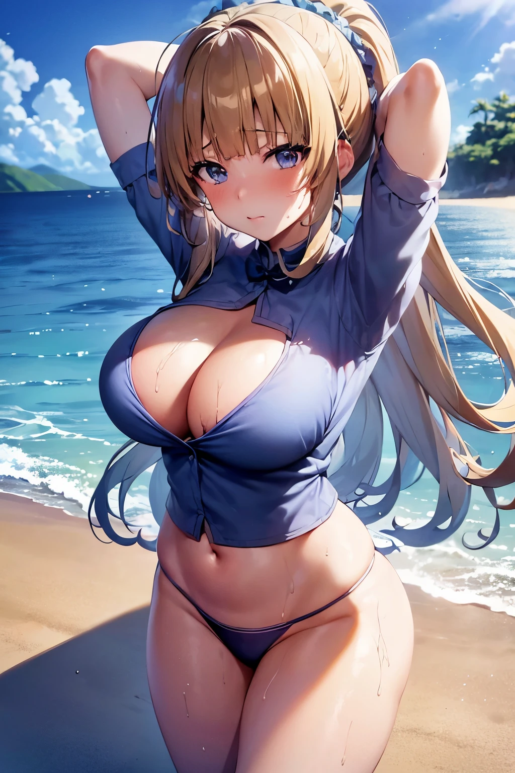 photo of kei karuizawa with large breasts and a huge ass and wearing a bikini doing squats on a beach with sunny weather,  (light skin), (sweating) ,(beautiful scenery),(perfect face), masterpiece, blush, 1girl, solo, smooth anime cg art, (hands behind head:1.2), 4k digital art, sensual poses