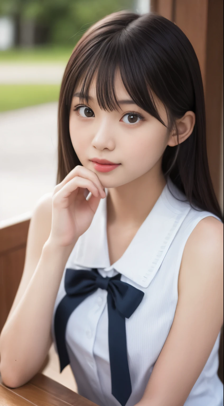 table top, highest quality, 8K, 8-year-old, Ten generations, RAW photo, absurd, award-winning portraits, smile, alone, idol face, delicate girl, Upper body, Digital single-lens reflex camera, looking at the viewer, Frank, Sophisticated,thin arms, professional lighting, film grain, chromatic aberration, (Eye and face details:1.0), (Bokeh:1.1) , (OL uniform:1.1) , close your mouth , black haired , drooling eyes , big and full breasts , (thick lips:1.2) , 15-year-old face , red lips , SM Play