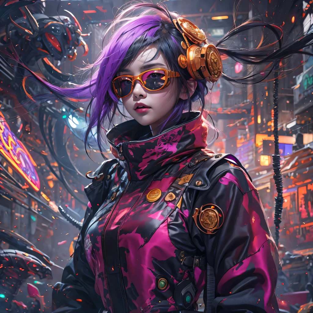 Chapter 3679 The Year of Cyberpunk（masterpiece，HD，超HD，32k lotus root starch）Bright purple flowing hair，autumn pond， lotus root starch color， Asian （Michiko）， （silk scarf）， fighting stance， looking at the colorful balloons， Orange gradient long hair， ((Thick frame reflective jade windproof goggles))Floating bright purple， Fire cloud gold headdress， Chinese long-sleeved gold silk garment， （Abstract ink splash：1.2），mars background，lotus（realistically：1.4），bright purple hair，Smoke on the road，The background is very ivory、pure， high resolution， Detailed wind protection goggles， RAW photos lotus root starch， Sharp Re， Nikon D850 film photo by Jefferies Lee 4 Kodak Portra 400 camera F1.6 guns, rich and colorful, Super real、Vivid textures, dramatic lighting, Unreal Engine Art Station Trend, Silicon Nest 800