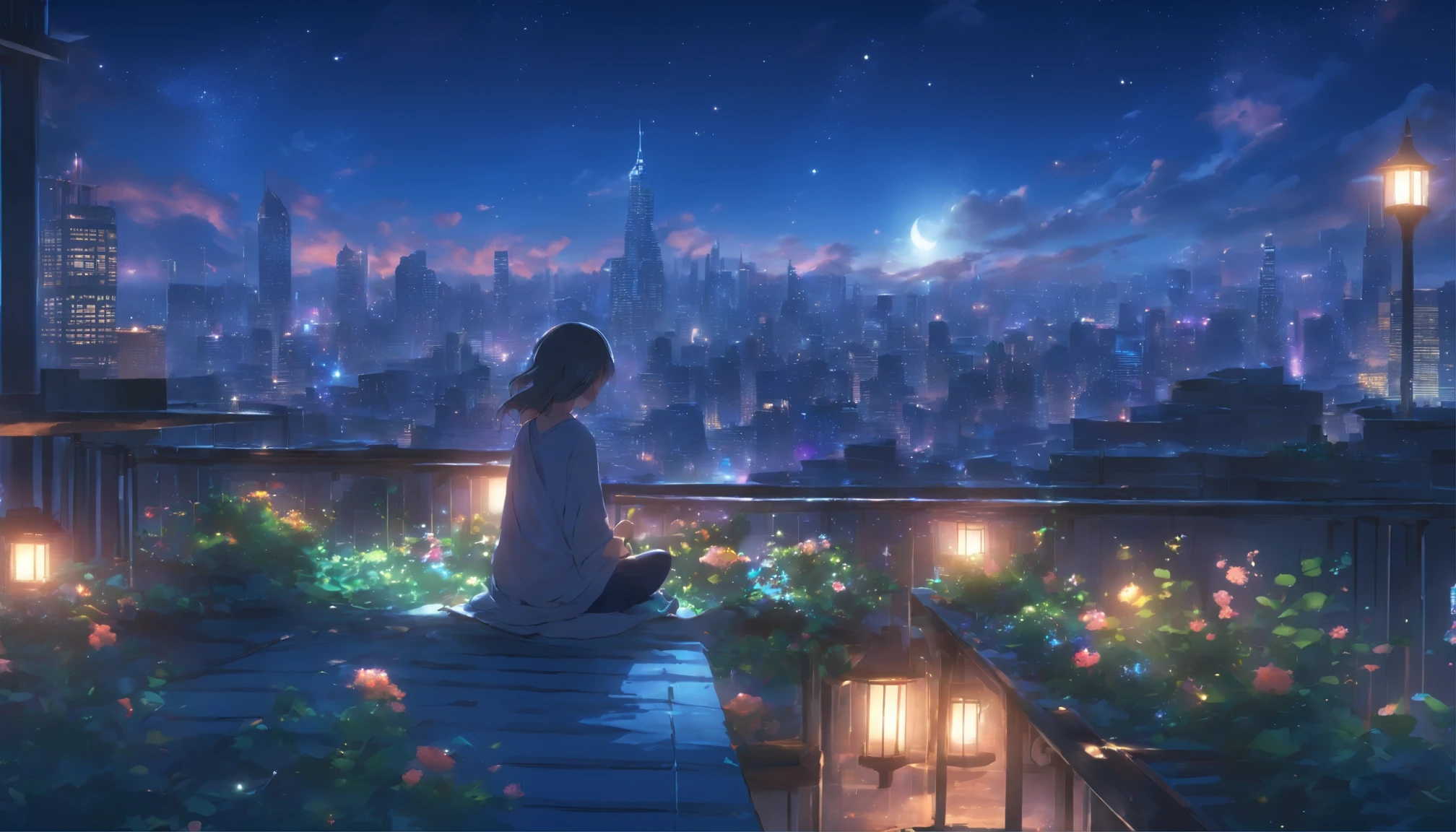 meditate on the rooftop, starry sky and skyscrapers
(highest quality,4K,8K,High resolution,masterpiece:1.2),super detailed,(realistic,photorealistic,photo-realistic:1.37),HDR,UHD,studio lighting,highly detailed eyes and face,long eyelashes,calm calm expression,quiet atmosphere,soft moonlight,Meditation Poses,calm and relaxed posture,A lush rooftop garden filled with colorful flowers,A gentle breeze gently rustles the plants.,refreshing night air,The faint sounds of the city below,deep purple hue of the night sky,Shining stars scattered on a dark canvas,Lights shining from distant buildings,The moon is reflected on the surface of the building,Subtle shadows cast by moonlight,Calm and soothing color palette,Ethereal dreamy atmosphere