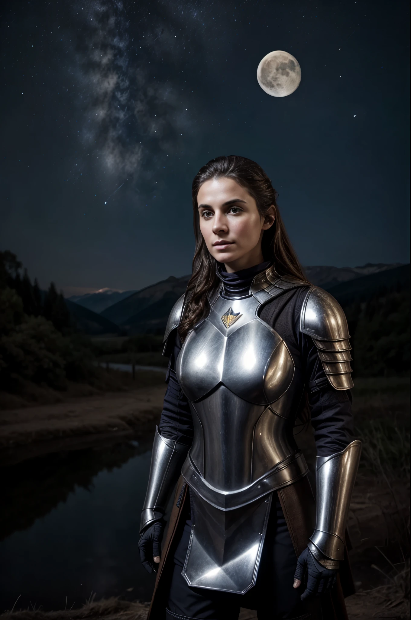 1 female knight ((upper body selfie, happy)), masterpiece, best quality, ultra-detailed, solo, outdoors, (night), mountains, nature, castle (stars, moon) cheerful, happy, helmet medieval, armor, bonfire, boots, gloves, forest, stones, river, wood, smoke, shadows, contrast, clear sky, analog style (look at viewer: 1.2) (skin texture) (film grain: 1.3), (warm hue, warm tone)
:1.2), close-up, cinematic light, side lighting, ultra-high resolution, best shadow, RAW, upper body.