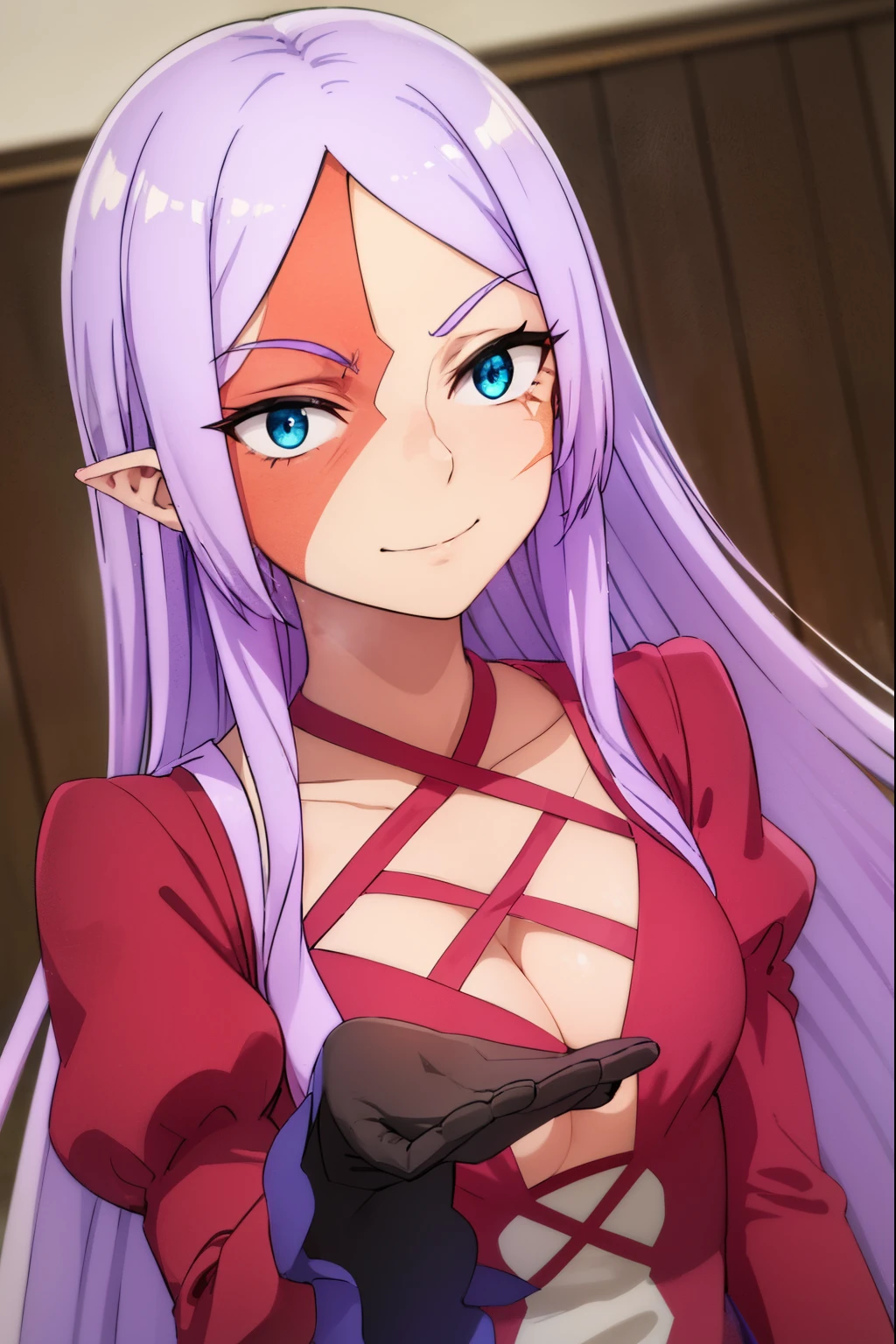 angurea, angurea, long hair, very long hair, purple hair, blue eyes, (scar:1.5), (parted bangs:1.5), smile, grin,
BREAK gloves, dress, cleavage, black gloves, red dress, long sleeves, puffy sleeves,
BREAK indoors, classroom,
BREAK looking at viewer,
BREAK (masterpiece:1.2), best quality, high resolution, unity 8k wallpaper, (illustration:0.8), (beautiful detailed eyes:1.6), extremely detailed face, perfect lighting, extremely detailed CG, (perfect hands, perfect anatomy),