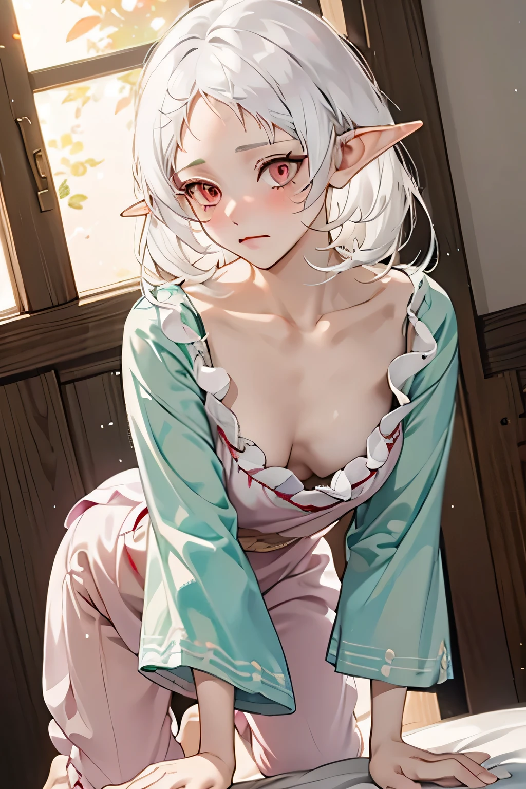 1girl, white hair, elf, pijamas, pj, very uncomfortable, showing uncomfort, shy face, blushing, downblouse, leaning forward, red eyes, ruby eyes, looking at viewer, arms spread into hug, laying on back