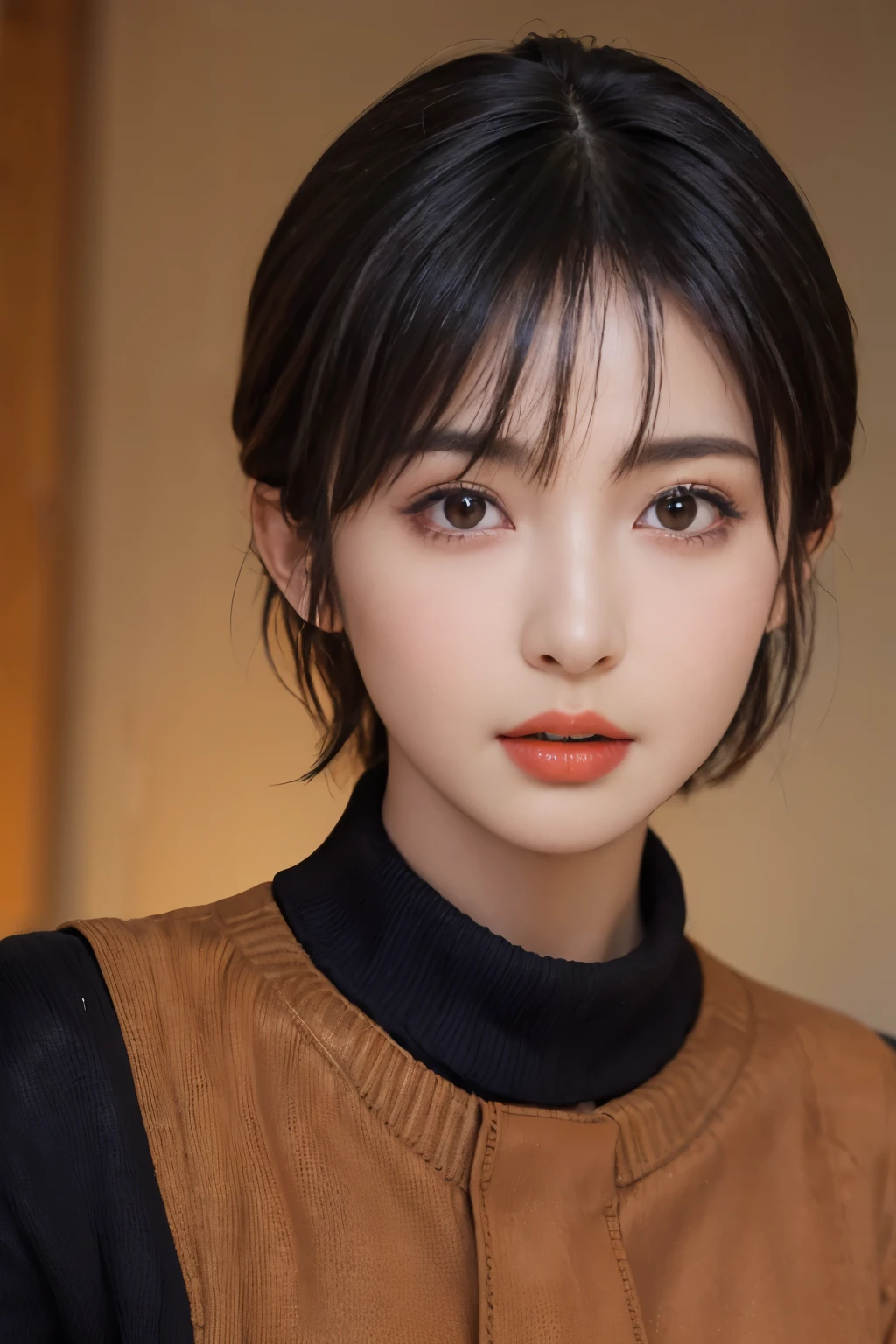 Masseter muscle part, In 8K, Photoreal, Raw photo, highest quality, (1 girl), beautiful face, (lifelike face), (black haired), (short hair, beautiful hairstyle, realistic eyes, detailed eye, (skin that looks real), beautiful skin, (orange sweater), attractive, Super high resolution, surreal, high detail, golden ratio,