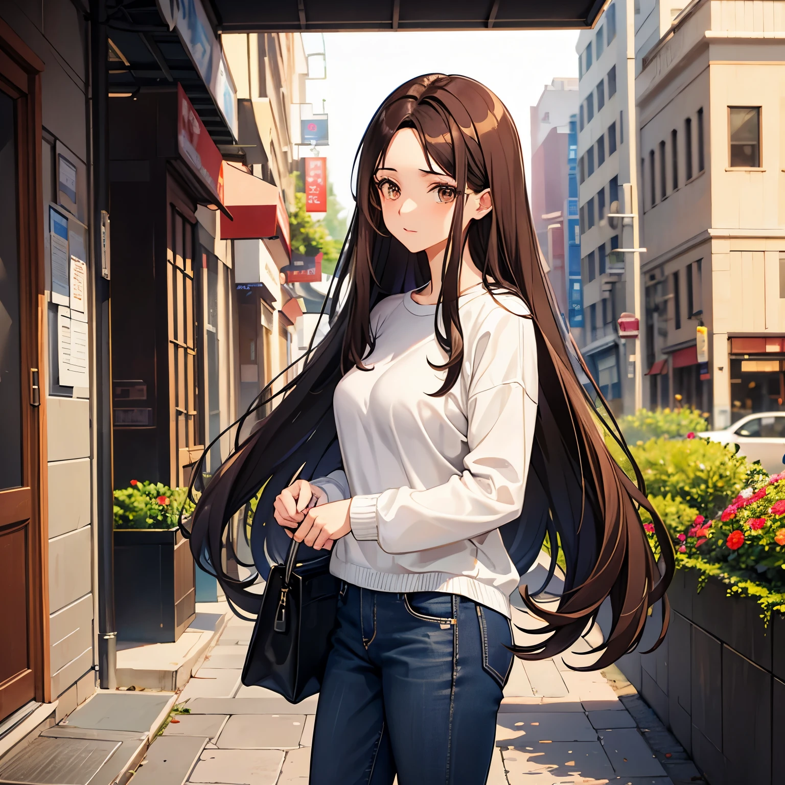 dark brown hair dark brown eyes small breasts 1bag 33 years old long hair casual outfit 1woman