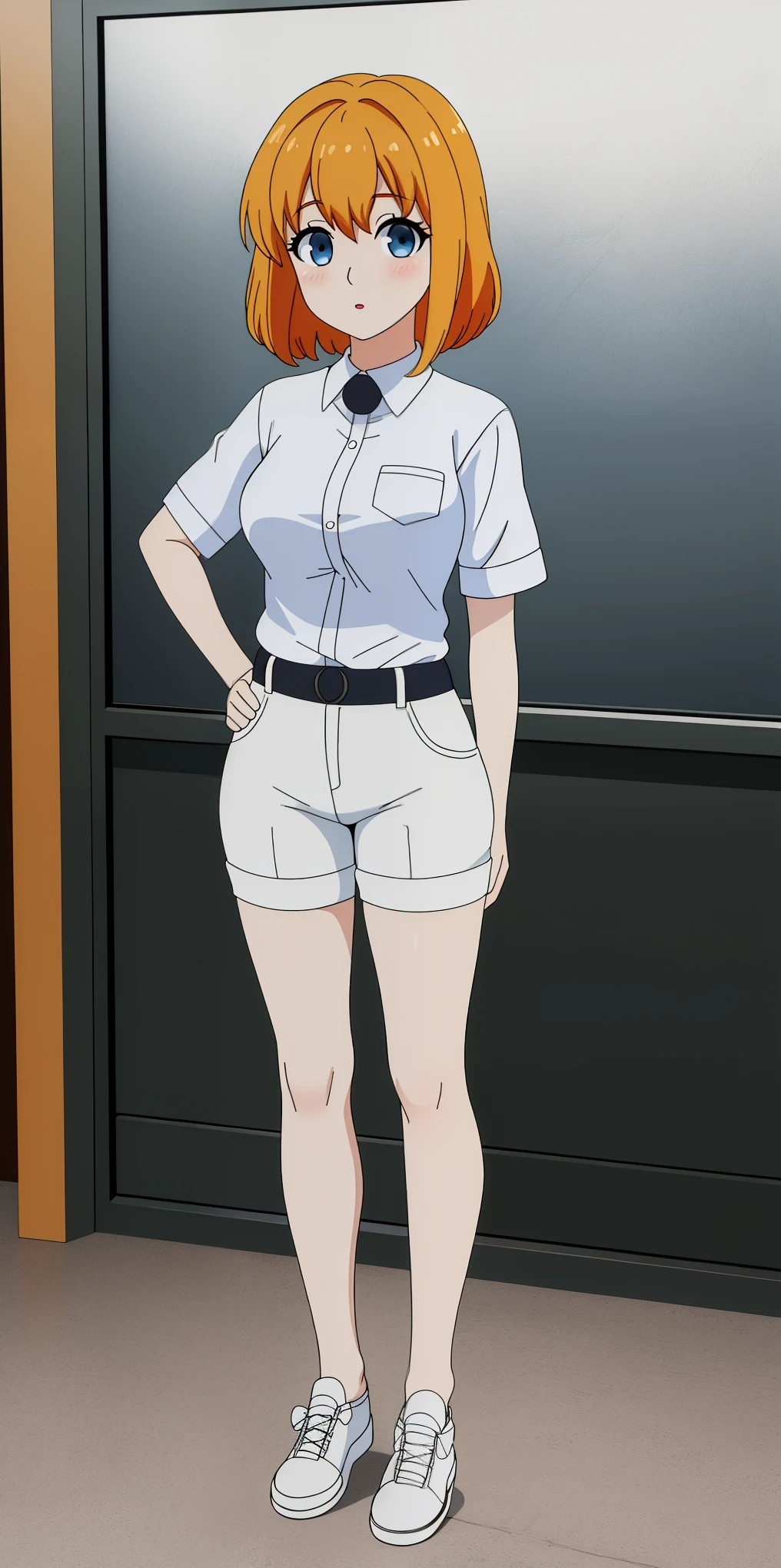 ((​masterpiece、top-quality)), 1girl in, ((full body Esbian、Standing picture)), cute young woman, Colored hair, white  shirt, shortpants, Black garter belt、(white backgrounid)