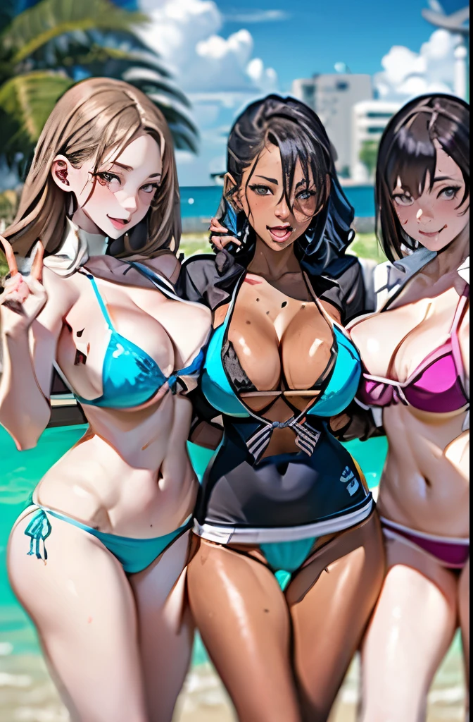 (masterpiece), highest quality, (colorful:1.1), (five girls, Group photo shoot:1.4), (Because I'm slender:1.1), (Huge:1.5), (dark skinned:1.1), (underboob:1.1), blonde, silver haired, twin tails, attractive appearance, former, (formerかがみ:1.4), (open your mouth, Vulgarity:1.1), (wink:1.2), sign of peace, (Swimsuits in random colors, micro bikini:1.1), cowboy shot,