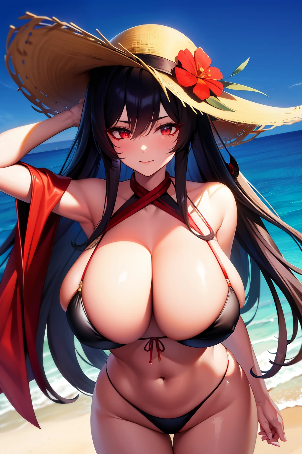 2d, tmasterpiece, best qualtiy, anime big breast, highly detailed eye, Highly detailed face, highly detailed back ground, perfect litthing, cowboy lens, 1girll, 独奏, standing on your feet, beachside,Bikini style,huge boob,hu tao\(genshin impact\), pupils in symbol shapes, flower shaped pupils, Hats, red flower, red eyes, SakuraNS,