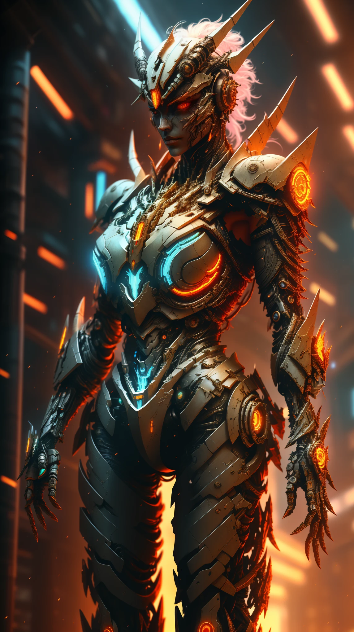 [SH4G0D:1], a beautiful cyborg warrior girl cyberpunk sensual vampiric beautiful body beautiful face in big breasts bionic legs bionic arms armor in an intricate futuristic cyberpunk city ultra detailed 8k extremely realistic[cabelo fluorescente:1]