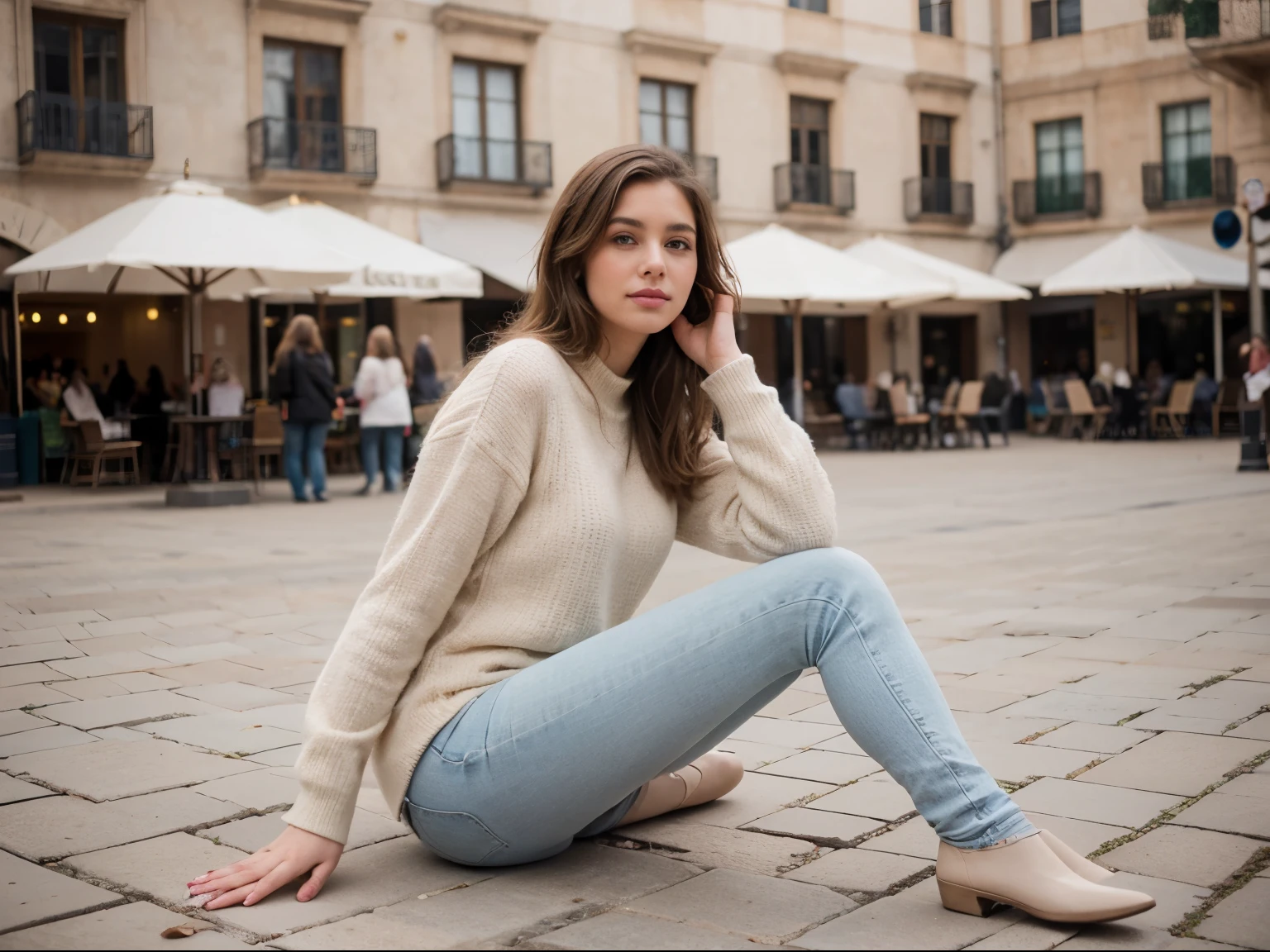 Style photography of a beautiful young woman, con botines beige y skinny blue jean, sueter de lana amarillo mostaza (piel muy detallada: 1.2), Estilo lindo, En la plaza mayor, pies juntos, pose de miss universo