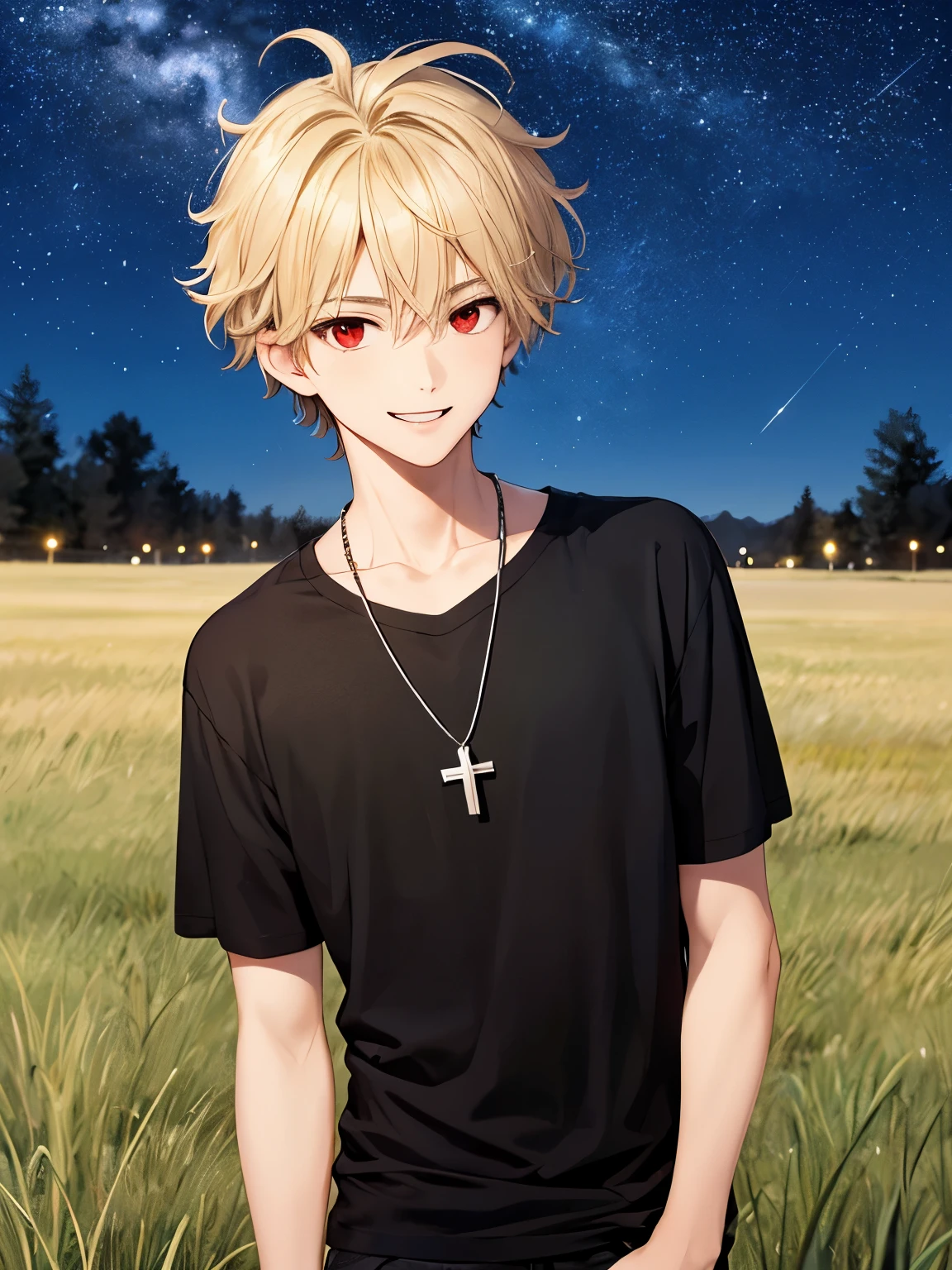 1 boy,, cross necklace,On the grass field, at night, full of stars,handsome,smile, messy hair,Looking ahead,Perfect face, detailed face, short hair, blonde hair,half body photo,black t-shirt, short sleeve t-shirt,black trousers, red eyes, vampire