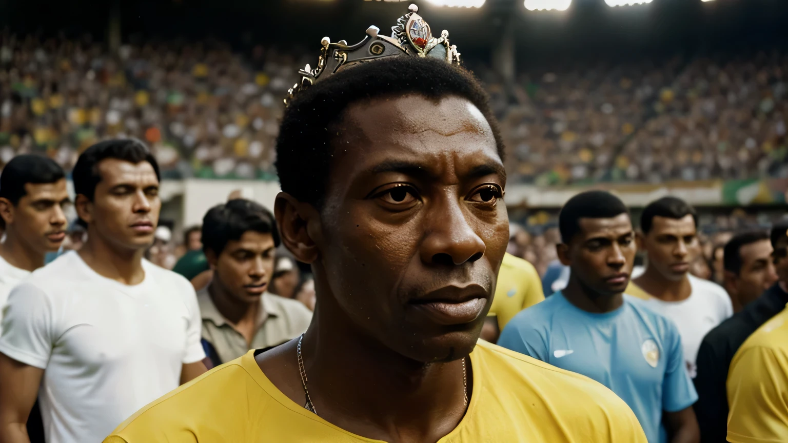 Ciborgue Preto, Rei do futebol, Pelé, on top of another man in a crowd, portrait of Pele, Alphonse Muca, Neil Leifer, by Fernando Gerassi, 🌻🎹🎼, Salvador, Destaque, inspirado em Oswaldo Viteri, 1960's olympics footage, por Robert Jacobsen, a comemorar, brasil, 1960's olympics, Eternal Pelé with crown on his head, o rei