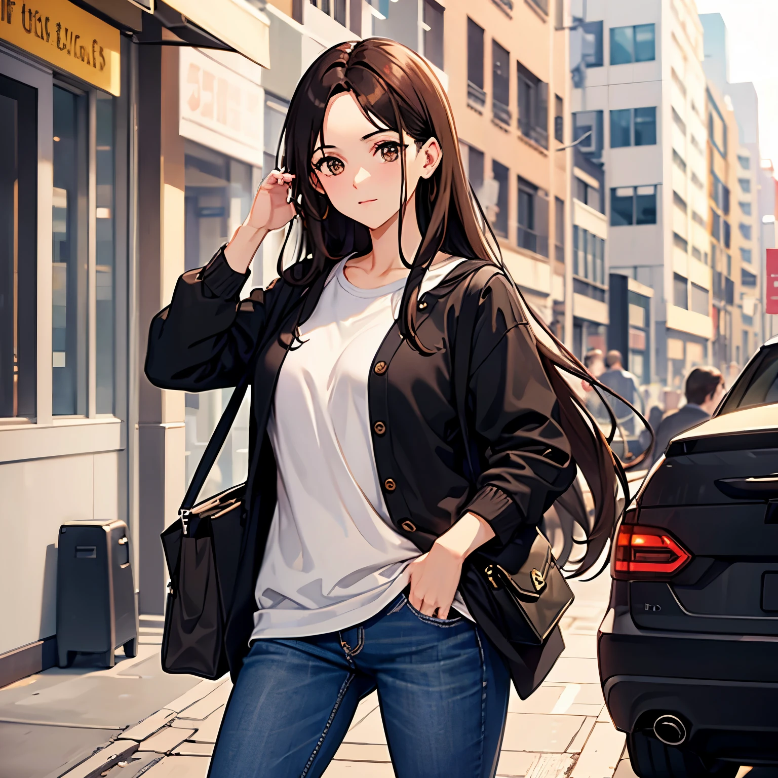 dark brown hair dark brown eyes small breasts 1bag 33 years old long hair casual outfit 1woman