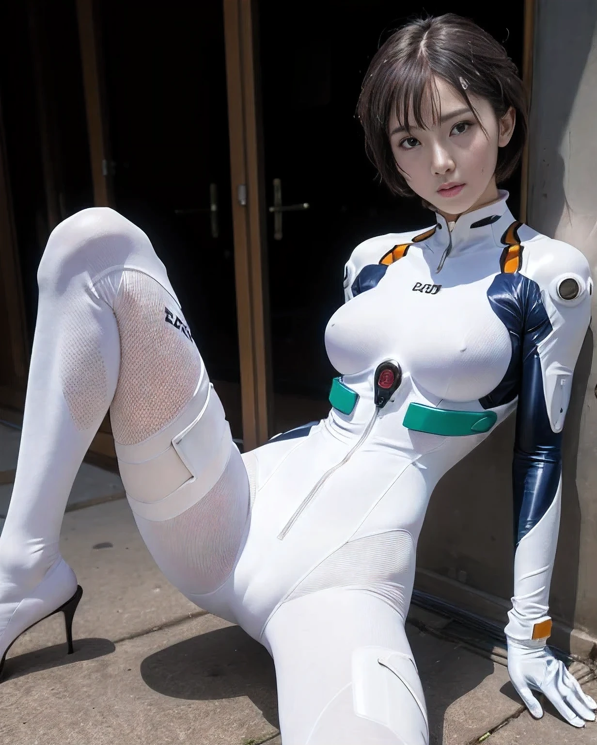 (8K, highest quality, masterpiece:1.2), (realistic, realistic pictures:1.37), Super detailed, 1 girl, ayanamirei, EVA00 plug suit, white gloves, Plug suit too close to the skin, complete limbs, -yeld beiful girl, ayanamirei, Plug suit whose fabric is too thin, city, perfect limbs, anatomically correct, Stocking material plug suit, short hair, wet transparent plug suit, eye color is reddish, excited look, (excited nipples), open leg pose, No underwear, nostrils are not visible