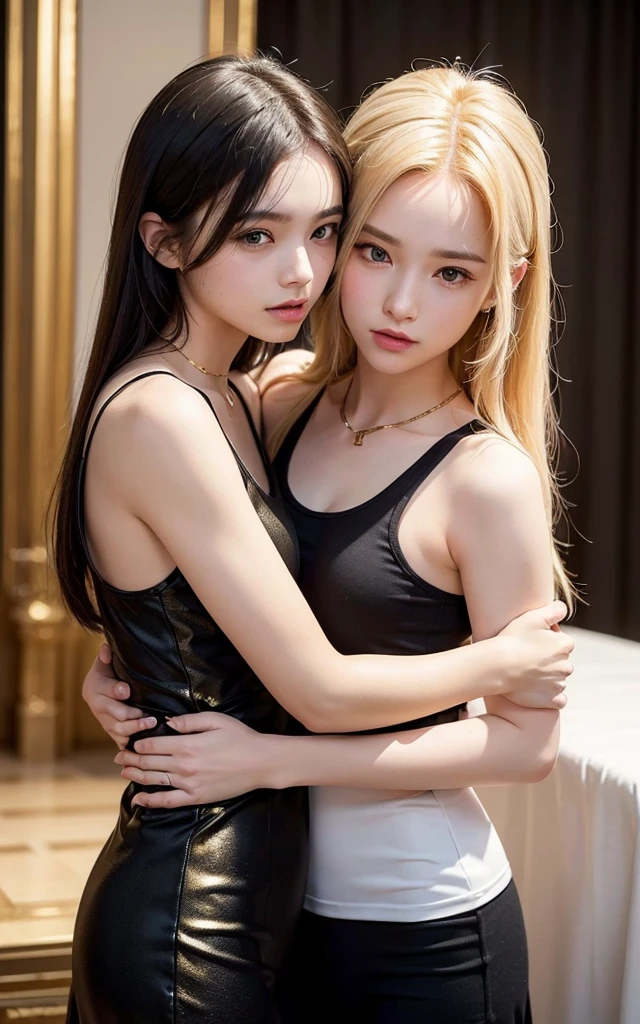 (lifelike, ultra high - resolution:1.3, (realism: 1.4), ((close up:0.75)) A couple, young masculine male with gold colored hair, wearing a tank top, hugging young girl with black long hair with white dress. Hugging each other intimately.