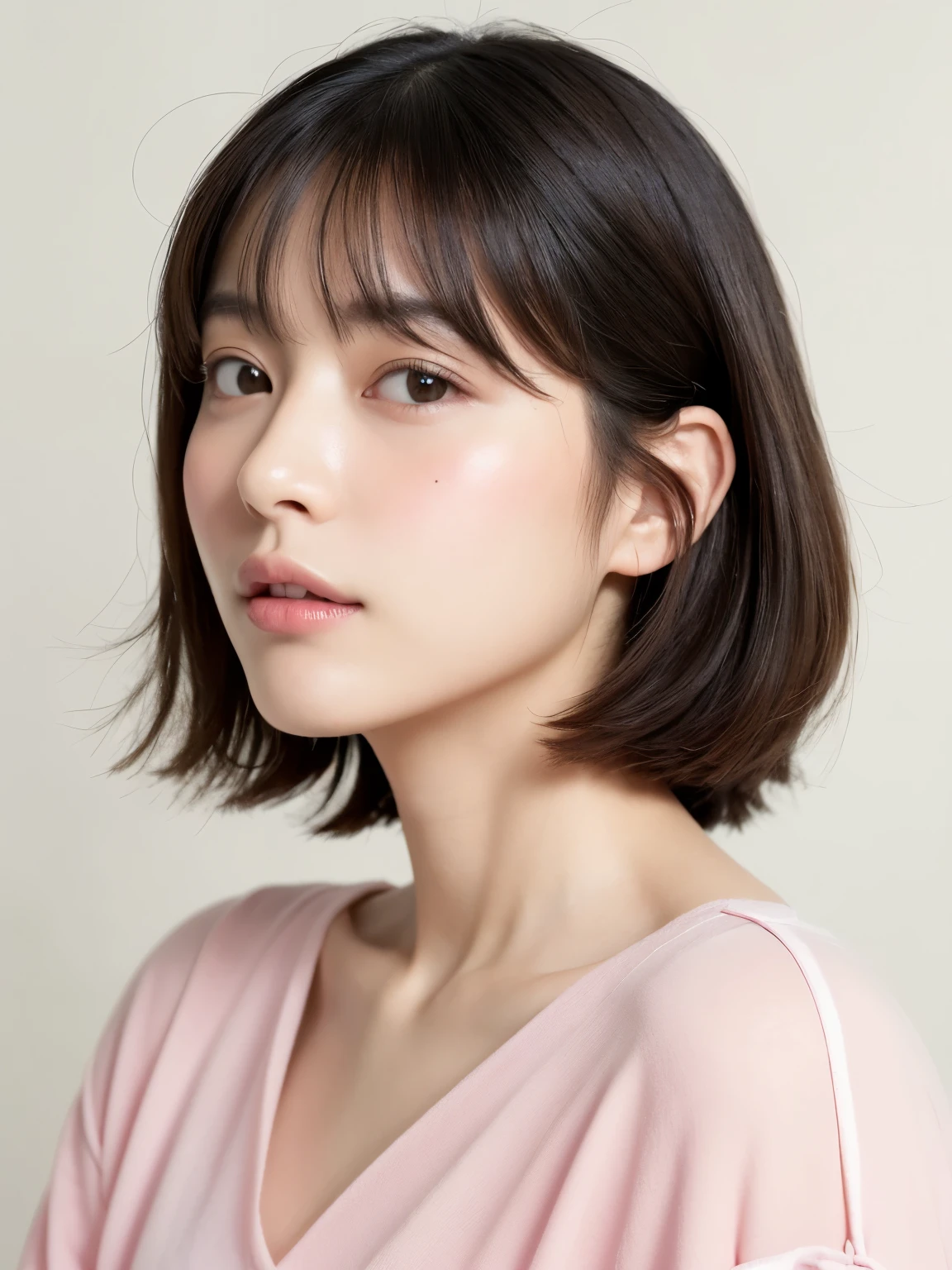 (highest quality、8K、32K、masterpiece、nffsw:1.2)、photo of cute japanese woman、very short bobbed hair、Upper body、Taken in front of a white wall、((pastel colored spring clothes、Long sleeve dresses))、surface focus、、necklace、simple background、From above、looking at the viewer、(8K、Raw photo、highest quality、masterpiece:1.2)、(realistic、Photoreal:1.37)、1 girl、Photo of a Japanese woman in her 30s、Shot in natural light、photon mapping、Physically based rendering、excellent image quality、High resolution、1080P、(clean face)、(Detailed facial description)、(detailed description of hands)、(Masseter muscle part)、(Detailed CG)、 hair is dirty、masterpiece、rich details、(exquisite features)、(best image quality)、(masterpiece)、(detailed eye)、looking forward to your eyes、delicate clavicle、Versatile poses、profile