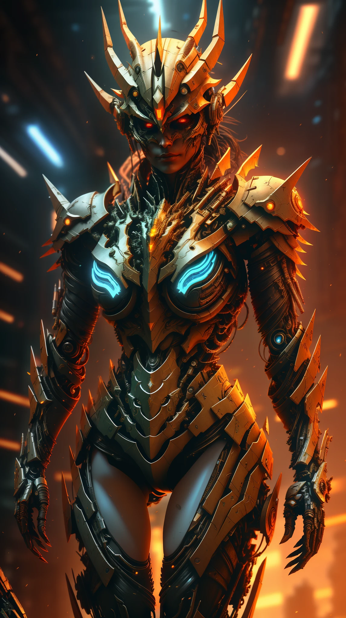 [SH4G0D:1], a beautiful cyborg warrior girl cyberpunk sensual vampiric beautiful body beautiful face in big breasts bionic legs bionic arms armor in an intricate futuristic cyberpunk city ultra detailed 8k extremely realistic[cabelo fluorescente:1]