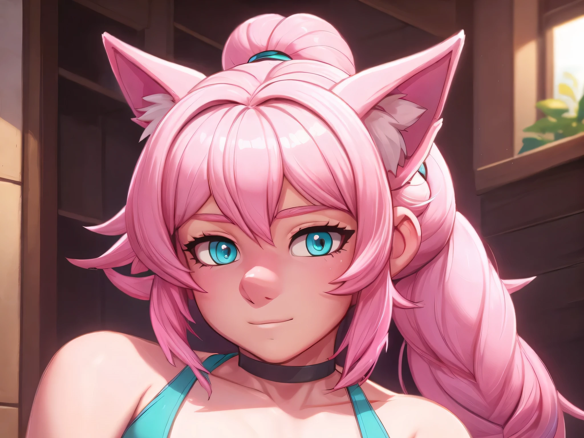 (Masterpiece) (High Detail) (High Res) A zoomed in close up of A short cute humanoid girl with pale skin and big turquoise eyes and a small nose and long pink hair in a ponytail and pink dog ears. She is right up to the viewer. Pink Hair. Pink Tail.