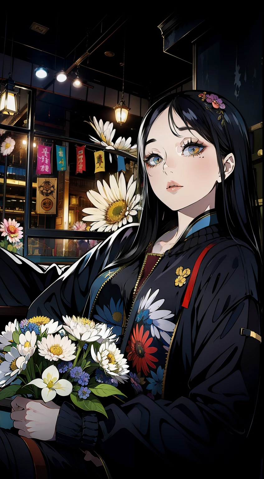 Absurd resolution, high resolution, (masterpiece: 1.4), hyper-detail, 1 young woman, long black hair, jacket, , sitting, holding a flower