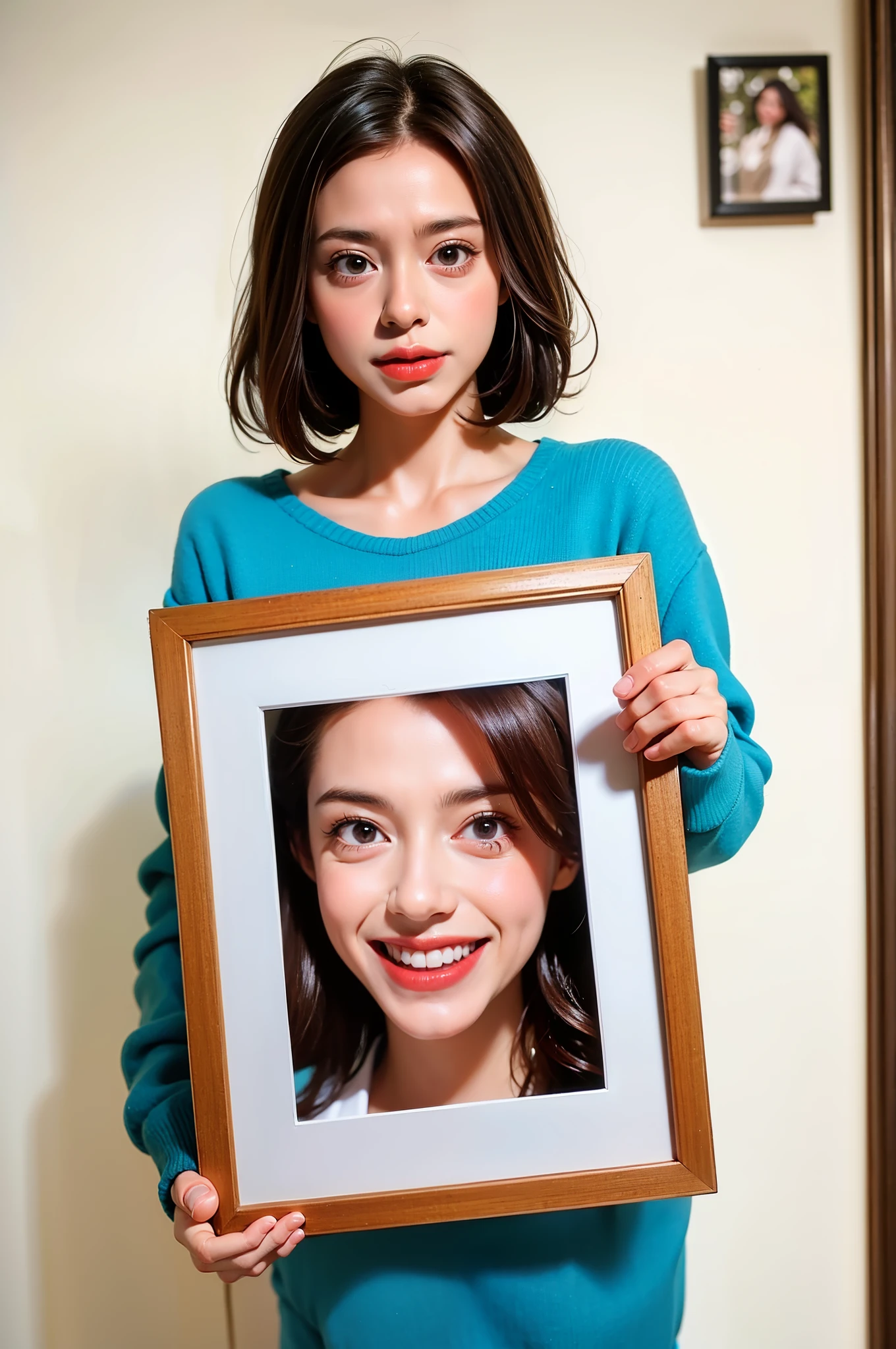 crafted girl holding a picture frame with a blank picture, black hair, picture frames, Indoor, Christmas tree, holiday, living room, happy, portrait size, high quality portrait, photo mid shot, in a frame, her whole head fits in the frame, single portrait, large portrait, medium-length portrait, center frame portrait, shaped picture, perfect framing, photo portrait, wooden frame, beautiful wooden frame, full portrait