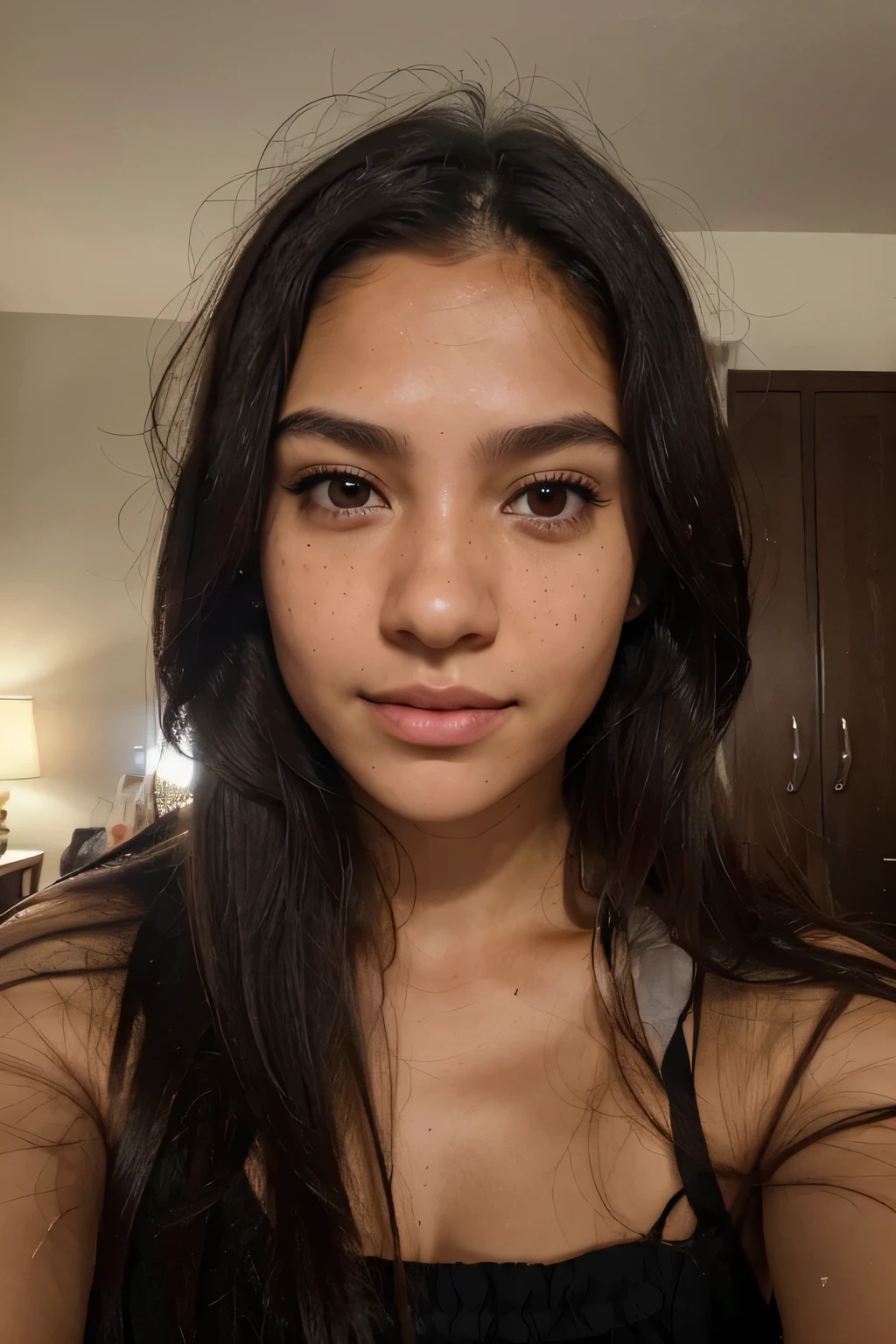 (amateur 1.2), amateur camera selfie photo taken by 21 years old latina female with tan skin wearing clothes, black hair, Low exposure, low lighting, unprofessional natural lighting, realistic lighting, dark light, low light, caucasian female with very low freckles on her face and small blackeyes with hyperrealistic eye lashes, hyper realistic skin all over her, beautiful face, detailed face, image noise, low visible impurities, very low slight freckles, detailed skin texture, low detailed skin pores, low impurities on the face, details eyes, eyebrow details showing each individual hair, very minimal and slight redness and imperfections around eye lids, low quality lighting, no light on, normal photo, dressed with a night dress, big tits, slightly smiling looking sexy, realistic tan skin, black very long messy hair, light skin latina female, blonde very long hair, neutral face, very low freckles, small normal black eyes, little spots, very little acne, in a restaurant, head straight to camera, selfie taken by herself, portrait selfie