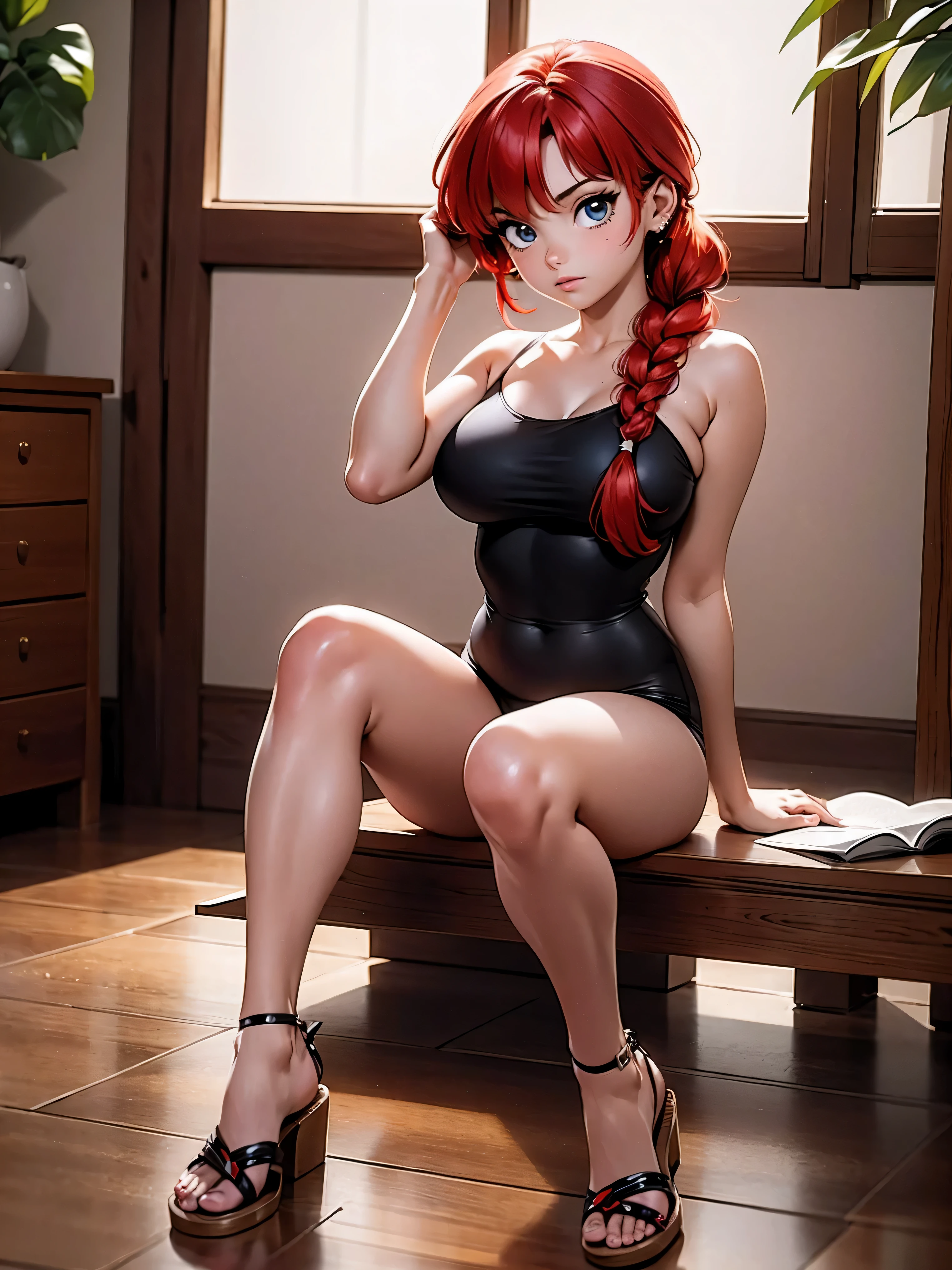 Garota anime molhada ruiva com roupas molhadas encharcadas na chuva, , agachada, sentada com pernas cruzadas, corpo bonito, seios grandes, with your hands behind your head, running your hands through your hair, garota sexy, red hair with braid, gorgeous lighting, sombras suaves, olhos azuis, pernas bonitas, hair with braid, estilo anime, Ranma Chan, Autora Rumiko Takahashi, Baseado em obra de Rumiko Takahashi, Anime Ranma 1/ 2, decote sexy, quadril robusto, corpo inteiro, corpo completo, busto grande, garota jovem com corpo belo e bonito, sandals on the feet, garota 16 anosbaixa estatura, roupas molhadas chovendo, garota anime, estilo anime, beautiful feet in sandals, sitting on the floor, viewing angle 45°