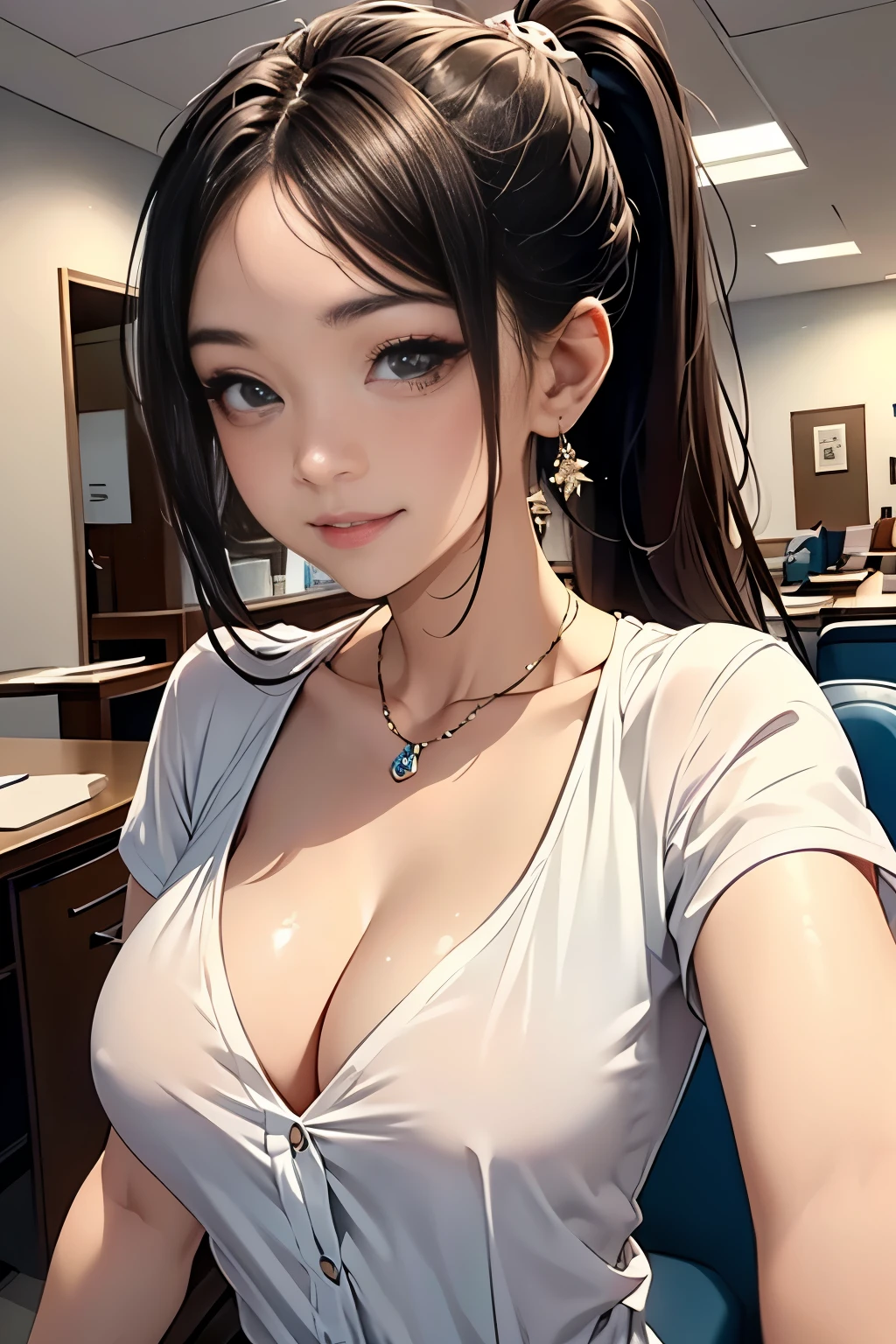 (1 front photo), beautiful face, Highly detailed face and skin texture, fine eyes, fine eyes, brown eyes, double eyelid, thin eyebrows, glitter eyeliner: 1.2, natural cheeks, shiny skin, white skin: 1.2, shiny necklace and earrings, (glossy lips: 1. 4), (enchanting smile), (20-year-old), (high ponytail, wavy hair, brown hair, diagonal bangs), medium long hair, ((upper body shot)), (Focus on the chest and face), medium to large breasts, perky chest, (at work)).