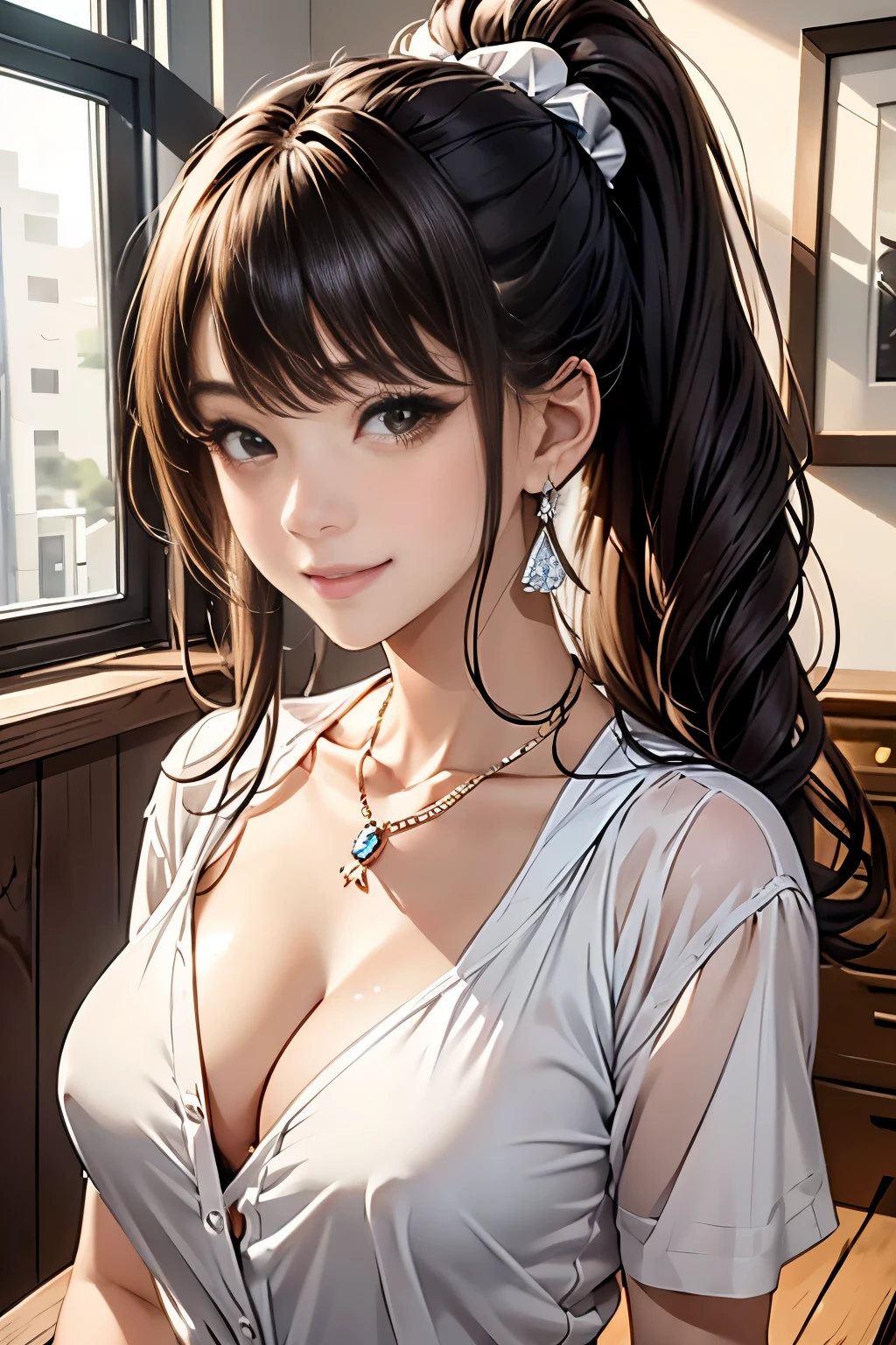 (1 front photo), beautiful face, Highly detailed face and skin texture, fine eyes, fine eyes, brown eyes, double eyelid, thin eyebrows, glitter eyeliner: 1.2, natural cheeks, shiny skin, white skin: 1.2, shiny necklace and earrings, (glossy lips: 1. 4), (enchanting smile), (20-year-old), (high ponytail, wavy hair, brown hair, diagonal bangs), medium long hair, ((upper body shot)), (Focus on the chest and face), medium to large breasts, perky chest, (at work)).